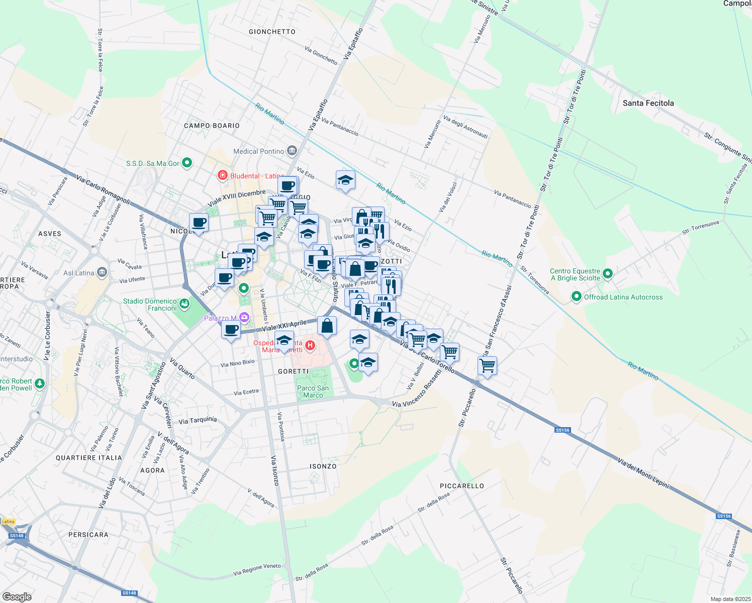 map of restaurants, bars, coffee shops, grocery stores, and more near 27 Via Vittorio Alfieri in Latina