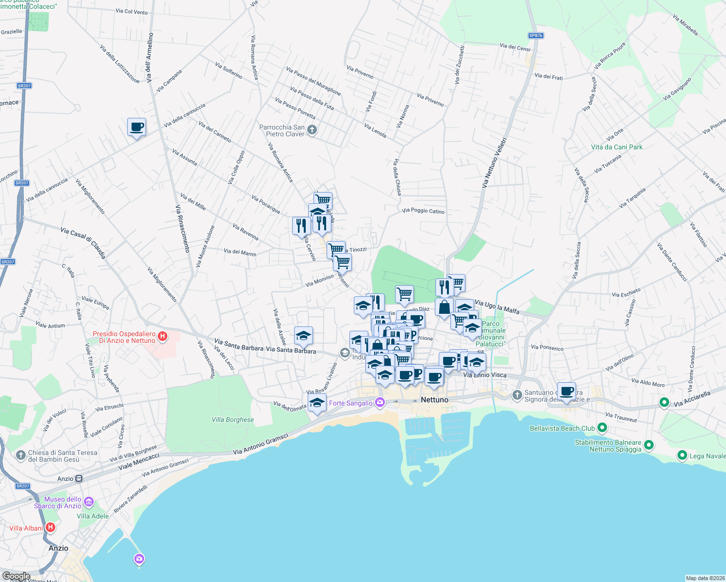 map of restaurants, bars, coffee shops, grocery stores, and more near 28 Via San Giacomo in Nettuno