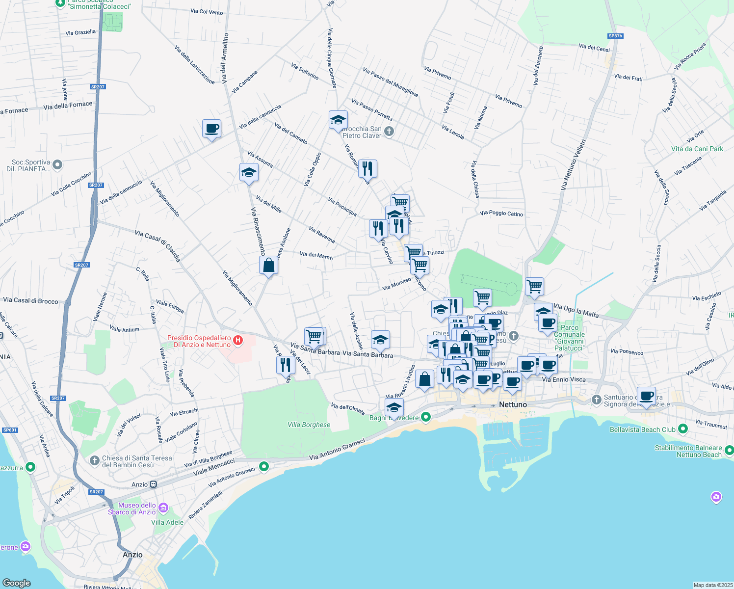 map of restaurants, bars, coffee shops, grocery stores, and more near 68 Via Monviso in Nettuno