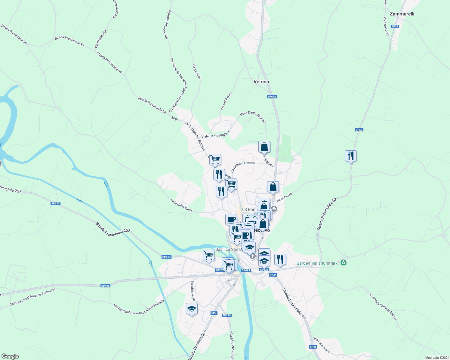 map of restaurants, bars, coffee shops, grocery stores, and more near 36 Via Marco Tullio Cicerone in Pontecorvo