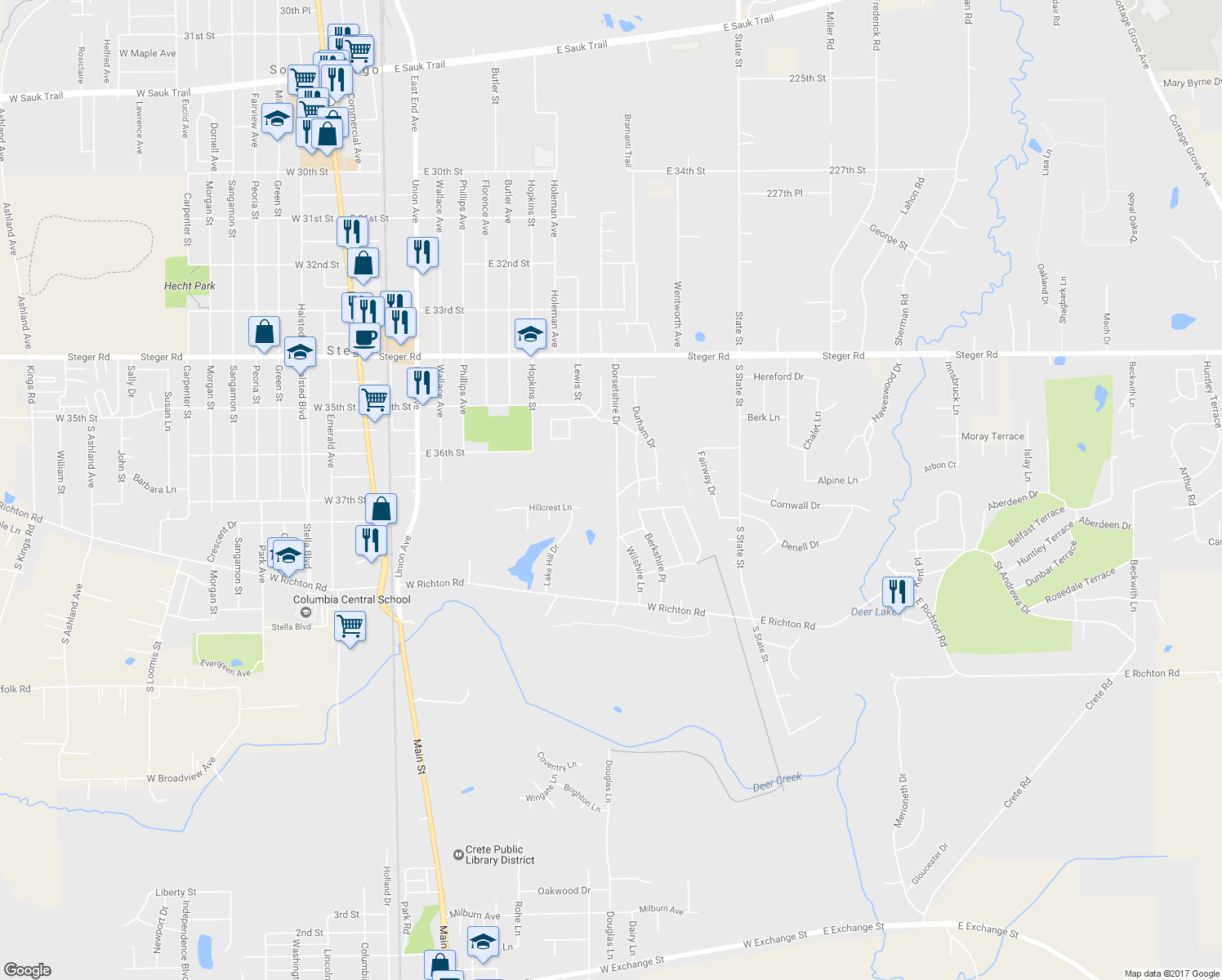 map of restaurants, bars, coffee shops, grocery stores, and more near 348 Dorsetshire Drive in Steger