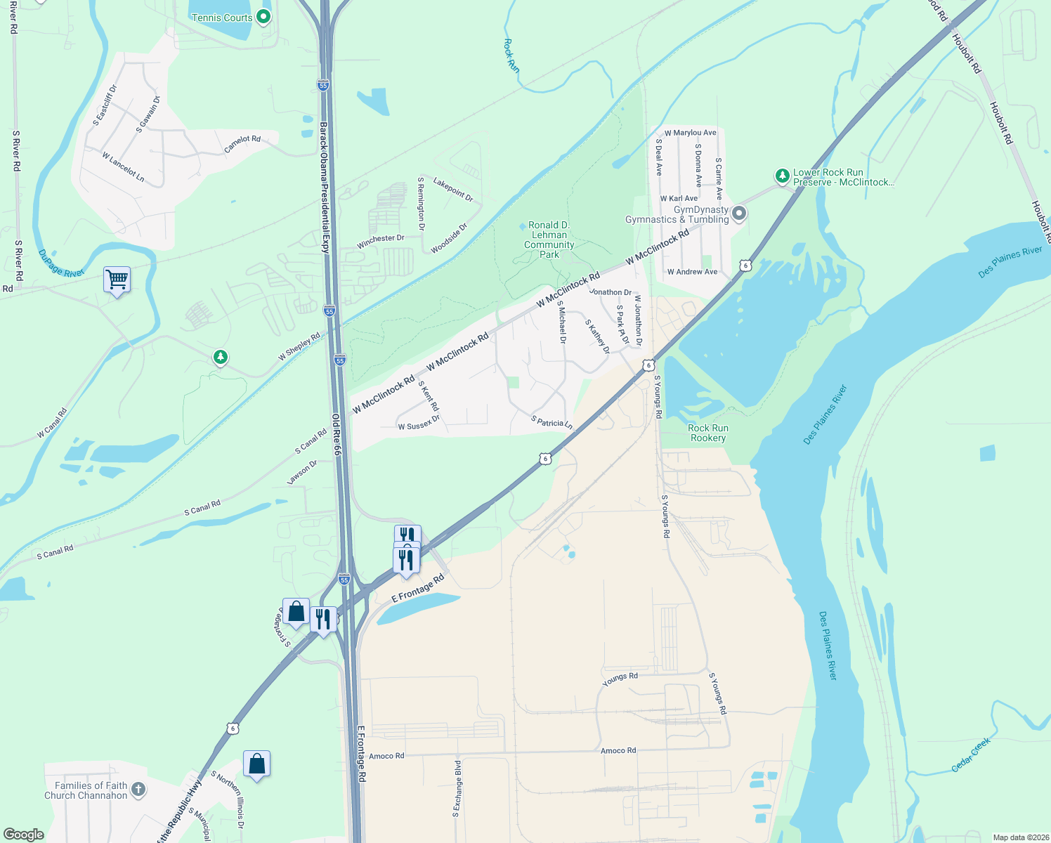 map of restaurants, bars, coffee shops, grocery stores, and more near 23022 South Patricia Lane in Channahon