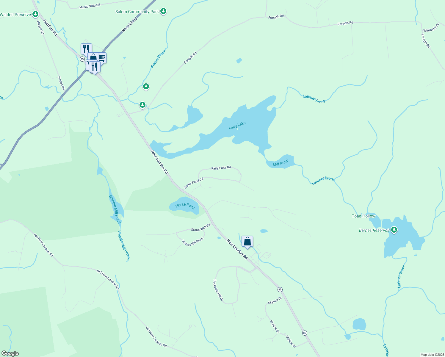 map of restaurants, bars, coffee shops, grocery stores, and more near 63 Horse Pond Road in Salem