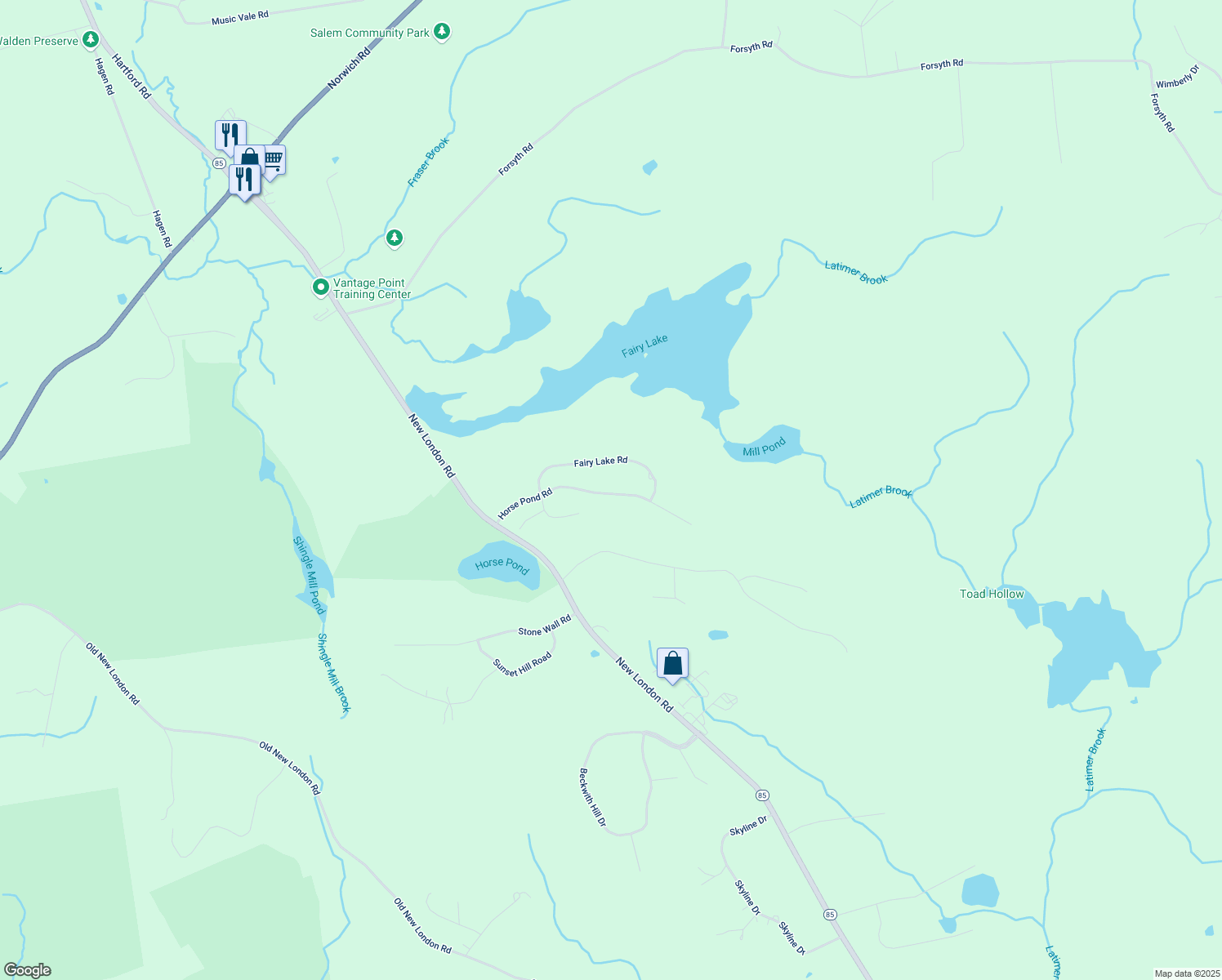 map of restaurants, bars, coffee shops, grocery stores, and more near 73 Horse Pond Road in Salem