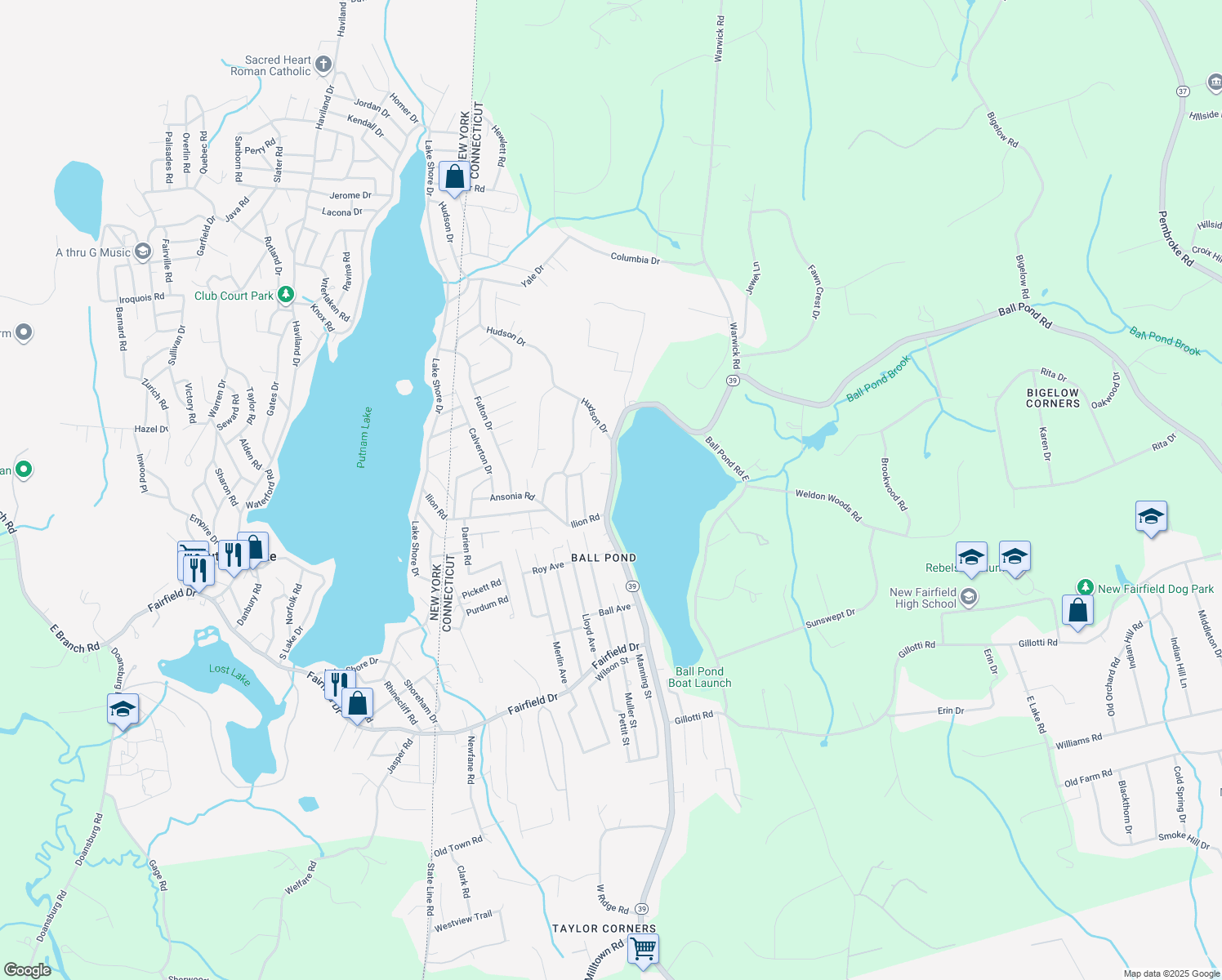 map of restaurants, bars, coffee shops, grocery stores, and more near 113 Ball Pond Road in New Fairfield