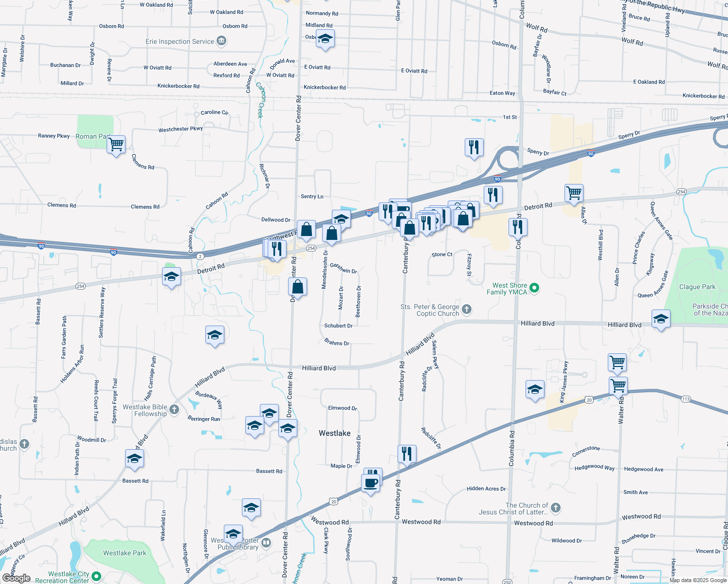 map of restaurants, bars, coffee shops, grocery stores, and more near 1493 Beethoven Drive in Westlake