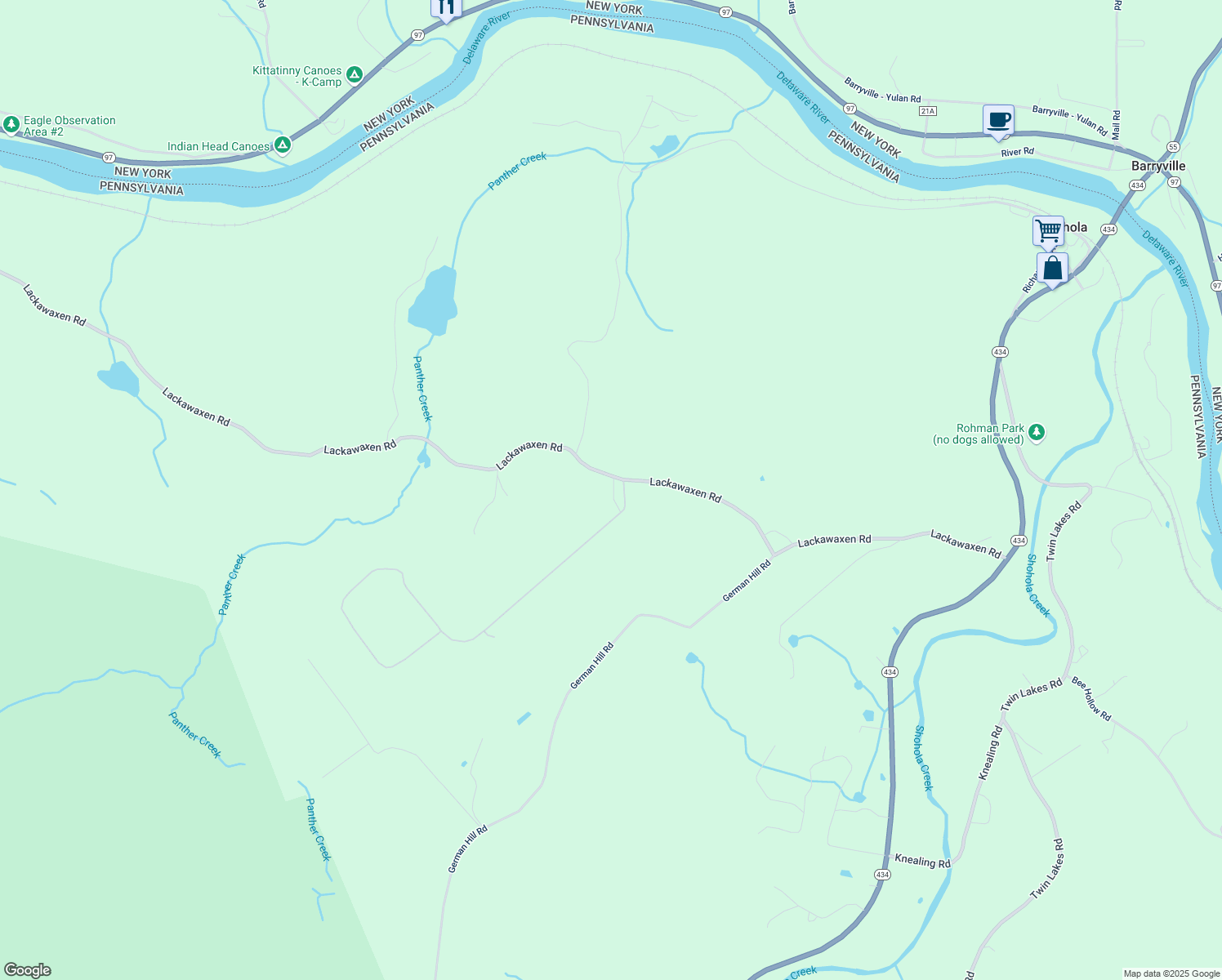 map of restaurants, bars, coffee shops, grocery stores, and more near 224 Lackawaxen Road in Shohola