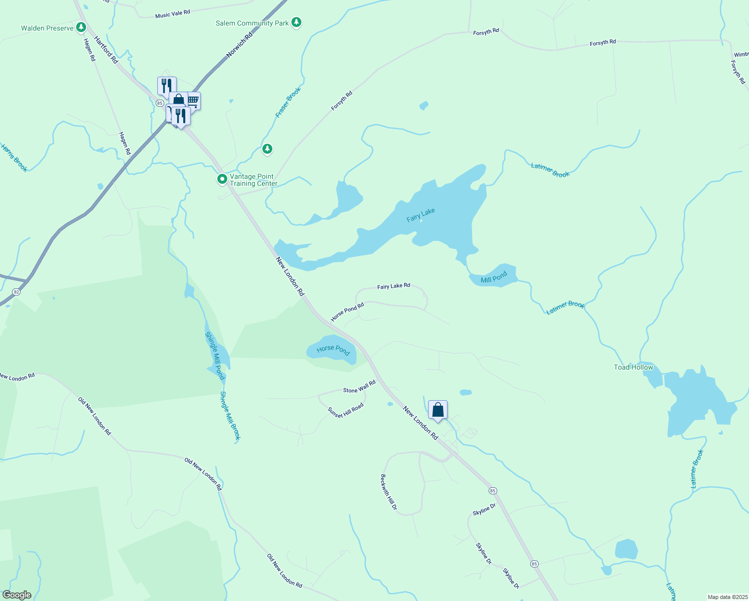 map of restaurants, bars, coffee shops, grocery stores, and more near 43 Horse Pond Road in Salem
