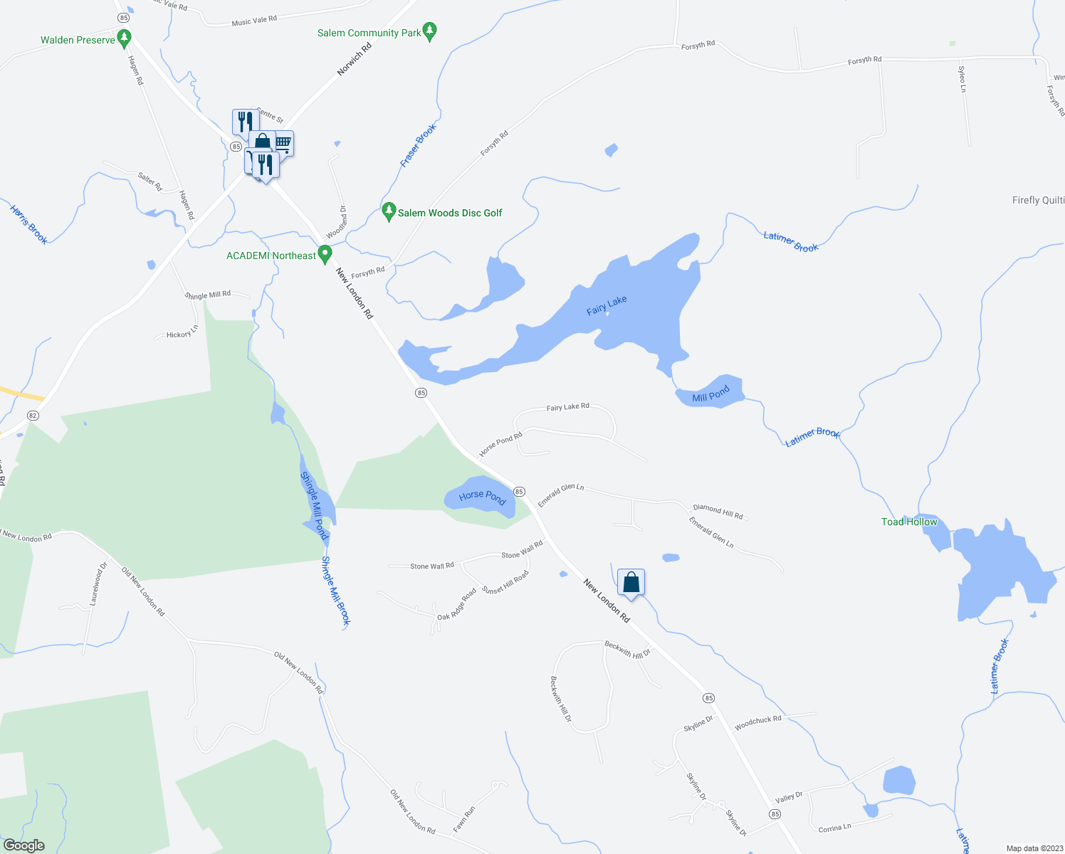 map of restaurants, bars, coffee shops, grocery stores, and more near 43 Horse Pond Road in Salem