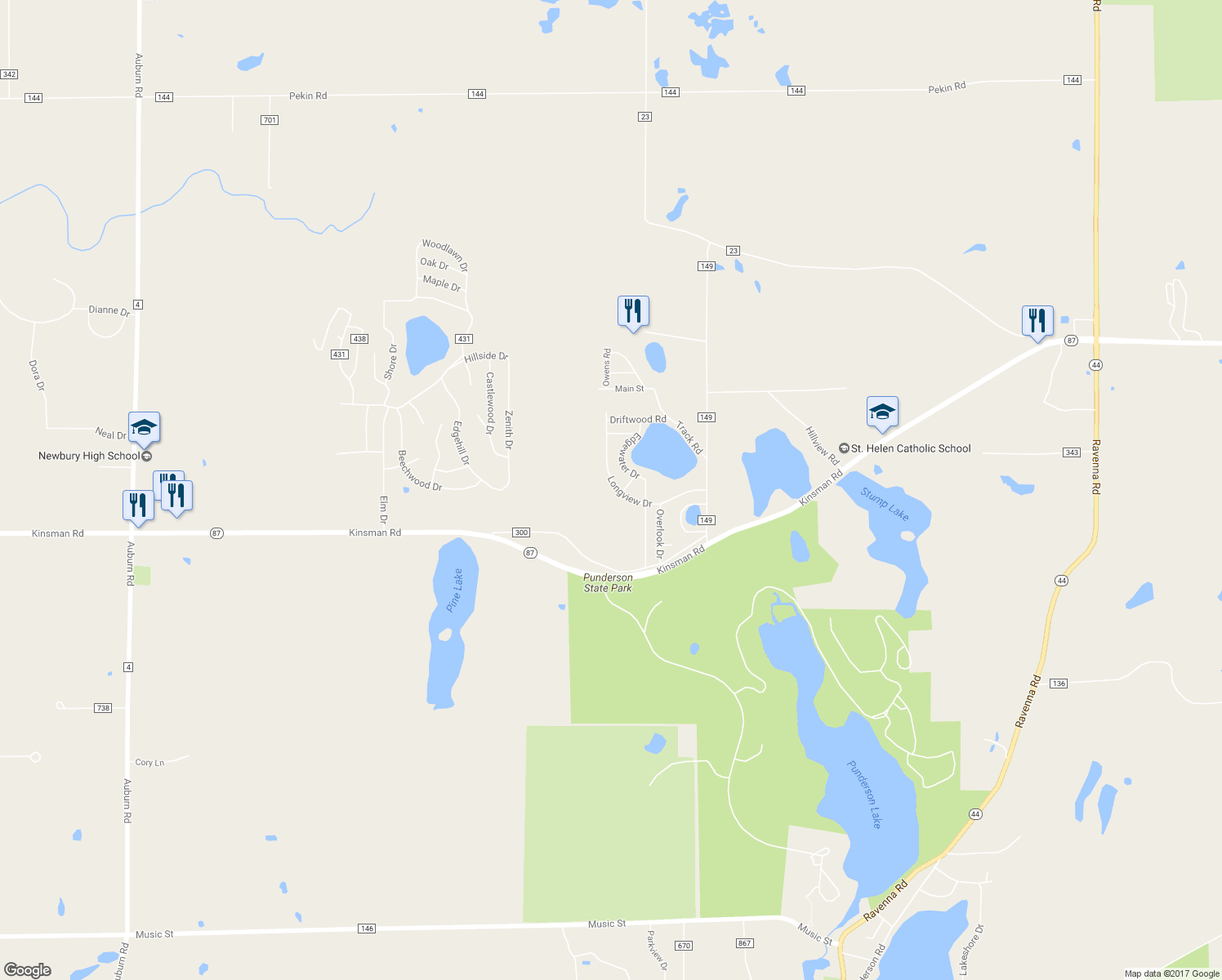 map of restaurants, bars, coffee shops, grocery stores, and more near 14791 Longview Drive in Geauga County