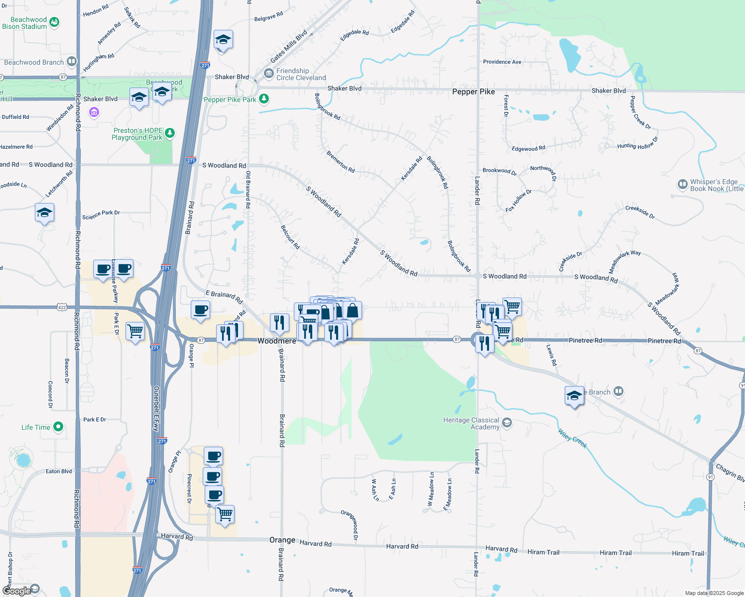 map of restaurants, bars, coffee shops, grocery stores, and more near 29149 Bryce Road in Pepper Pike