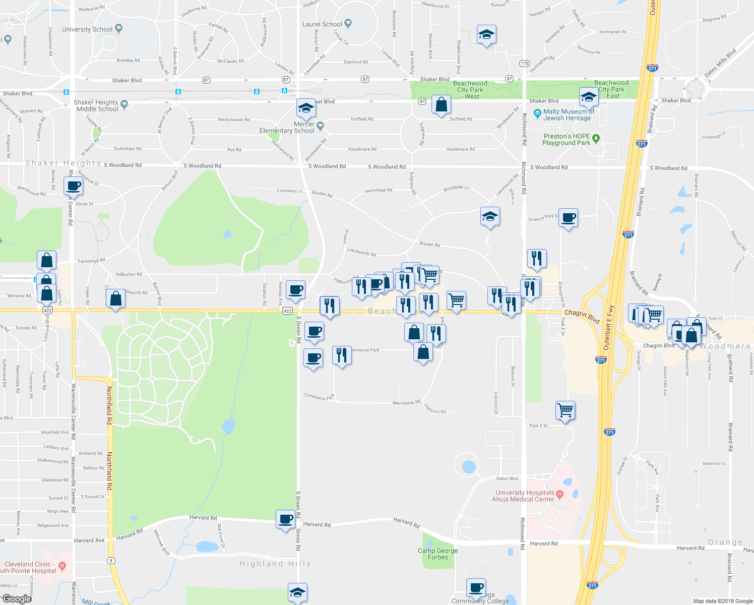 map of restaurants, bars, coffee shops, grocery stores, and more near 23811 Chagrin Boulevard in Beachwood