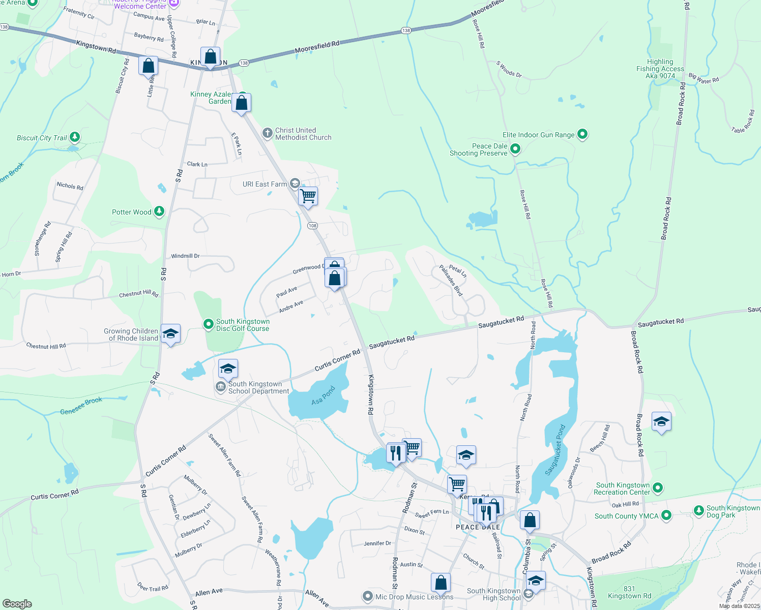 map of restaurants, bars, coffee shops, grocery stores, and more near 1221 Southwinds Drive in South Kingstown