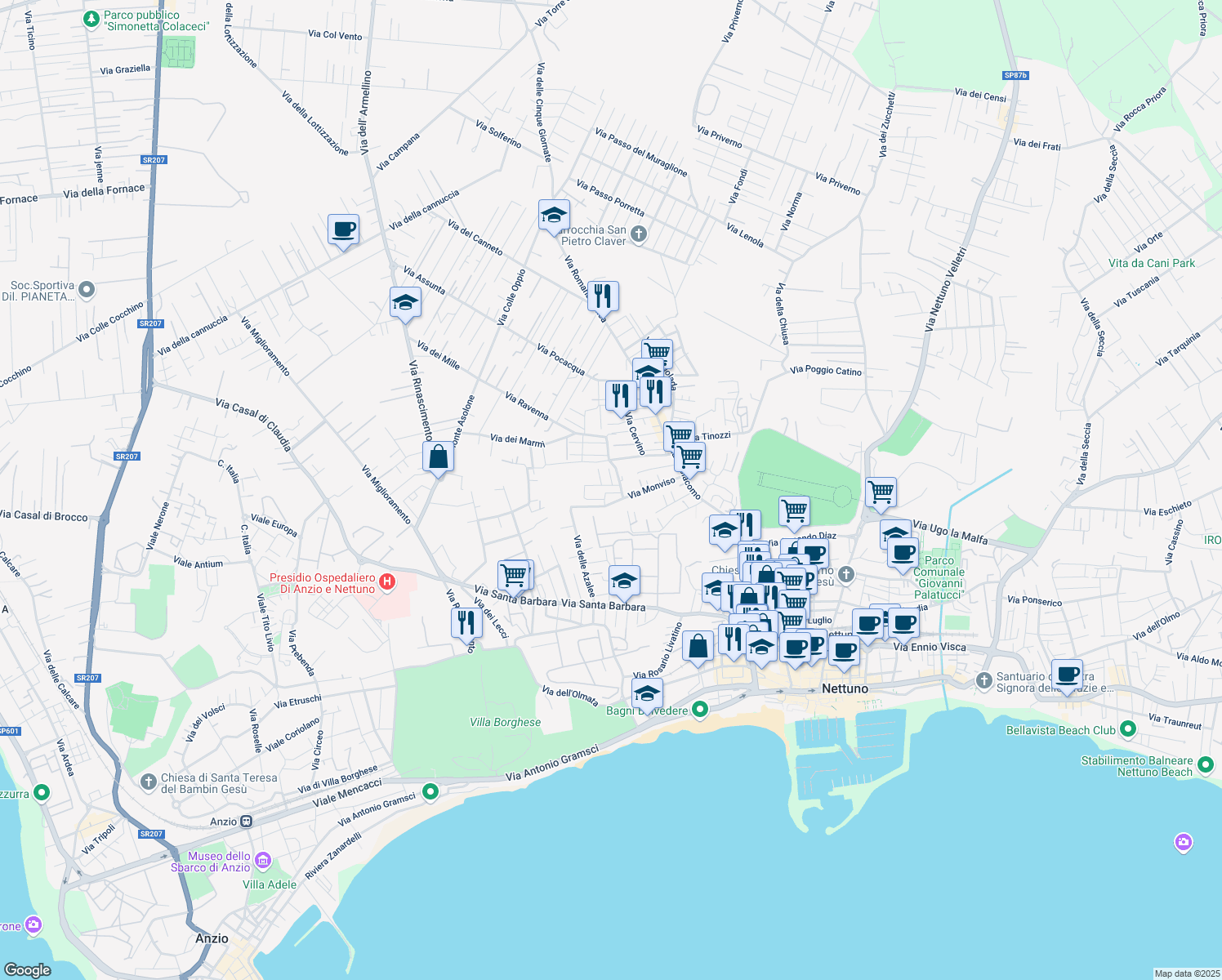 map of restaurants, bars, coffee shops, grocery stores, and more near 68 Via Monviso in Nettuno