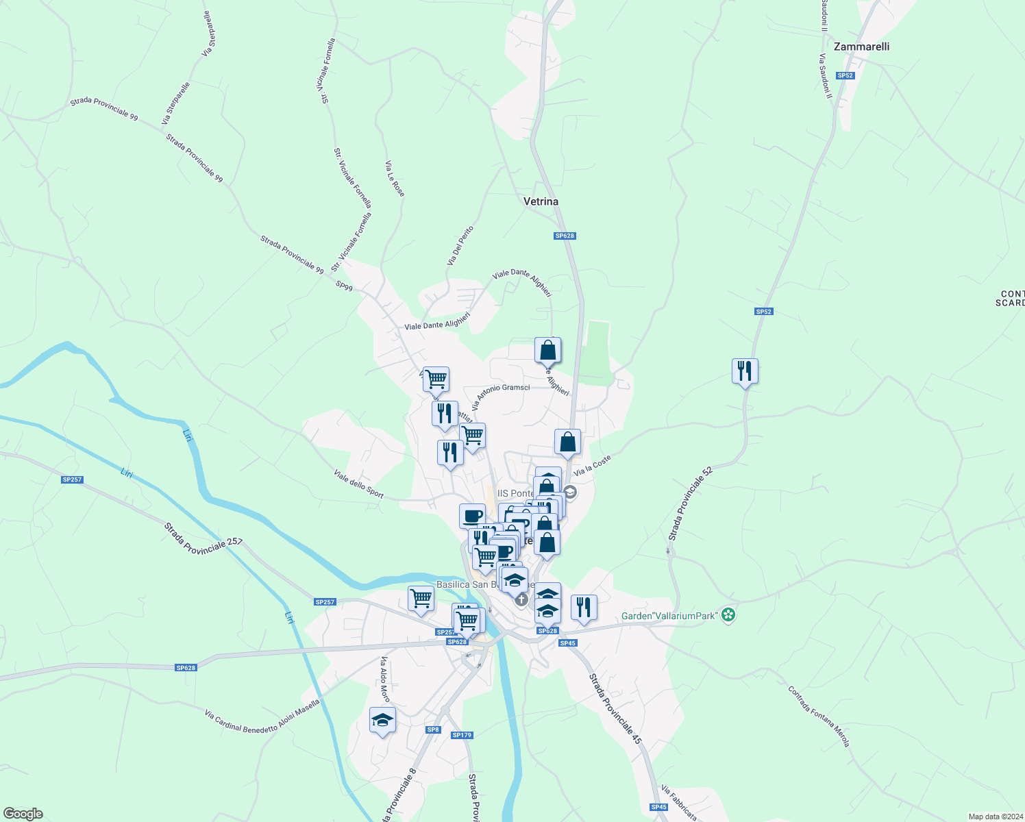 map of restaurants, bars, coffee shops, grocery stores, and more near 20 Via Saragat in Pontecorvo