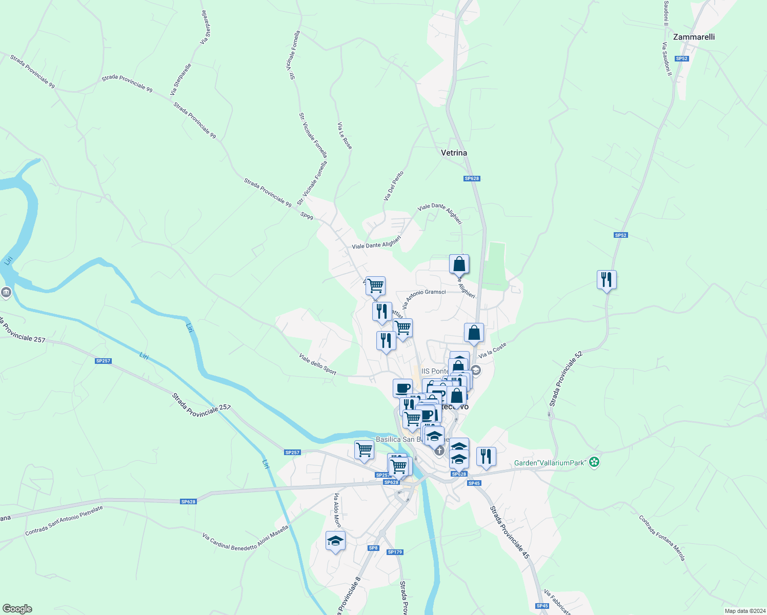 map of restaurants, bars, coffee shops, grocery stores, and more near Via San Giovanni Battista in Pontecorvo