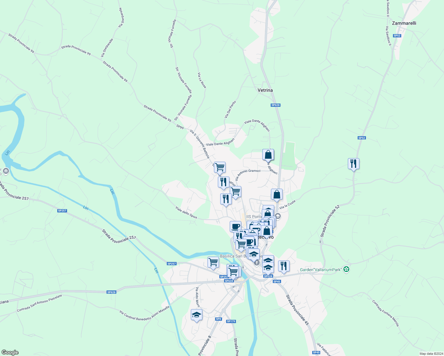 map of restaurants, bars, coffee shops, grocery stores, and more near Via San Giovanni Battista in Pontecorvo