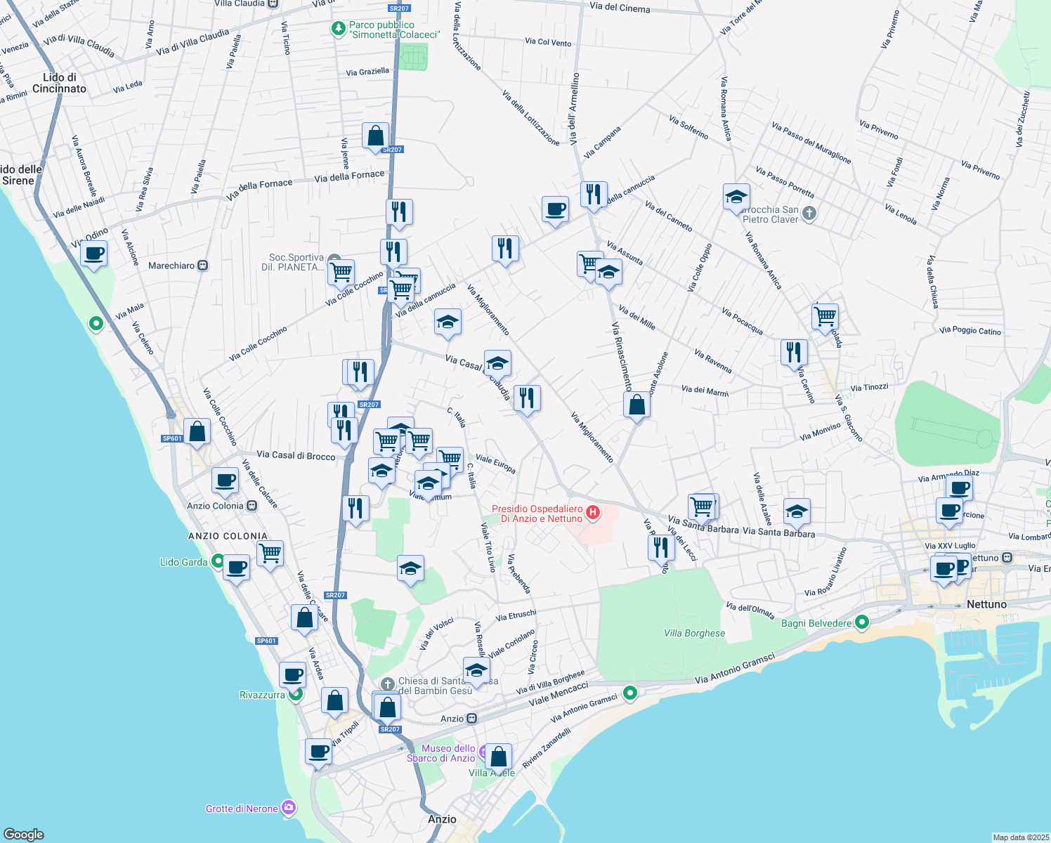 map of restaurants, bars, coffee shops, grocery stores, and more near 144 Via Casal di Claudia in Anzio