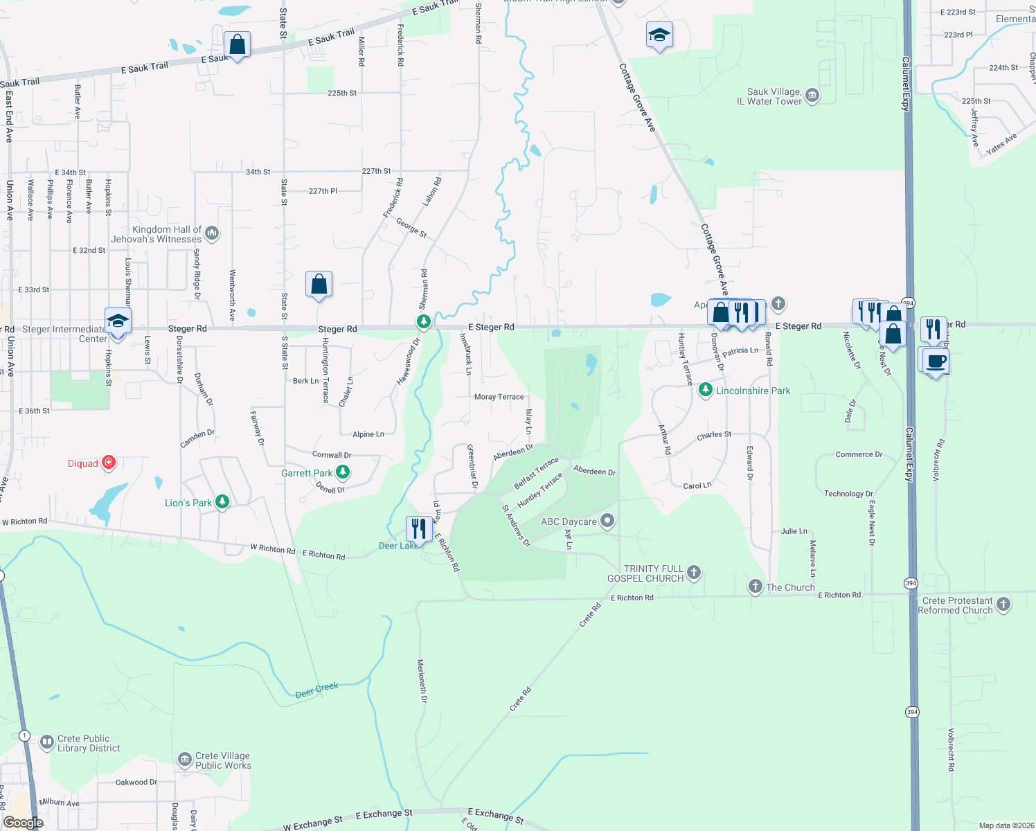 map of restaurants, bars, coffee shops, grocery stores, and more near 30 Geneva Court in Crete