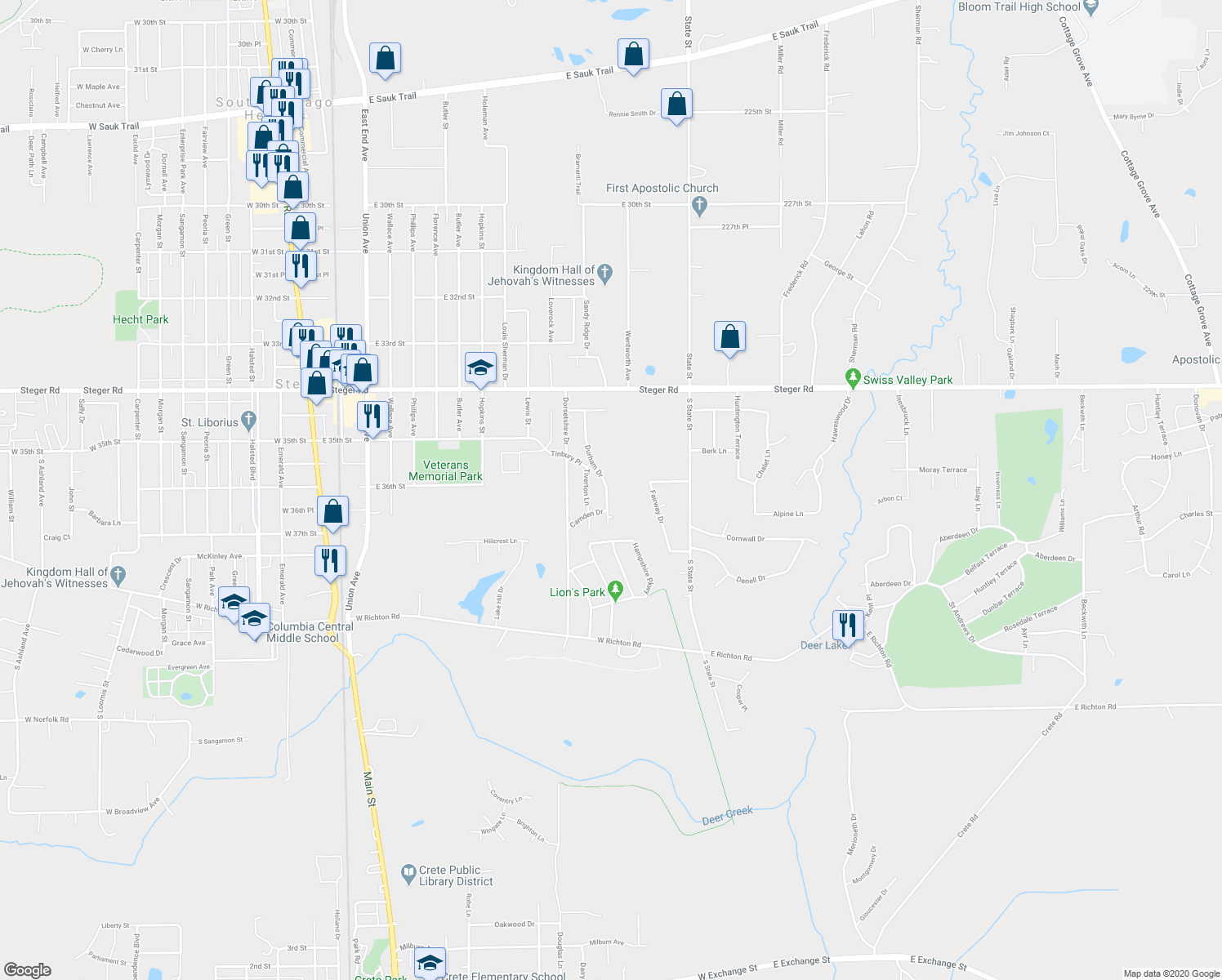 map of restaurants, bars, coffee shops, grocery stores, and more near 307 Durham Drive in Steger