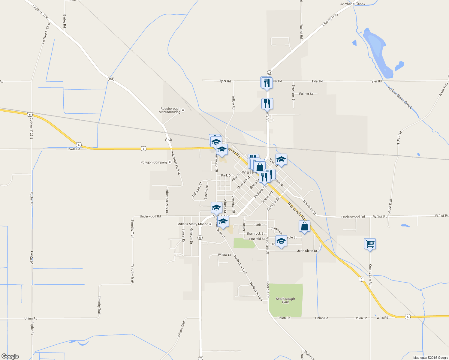 map of restaurants, bars, coffee shops, grocery stores, and more near 698 Ohio Street in Walkerton