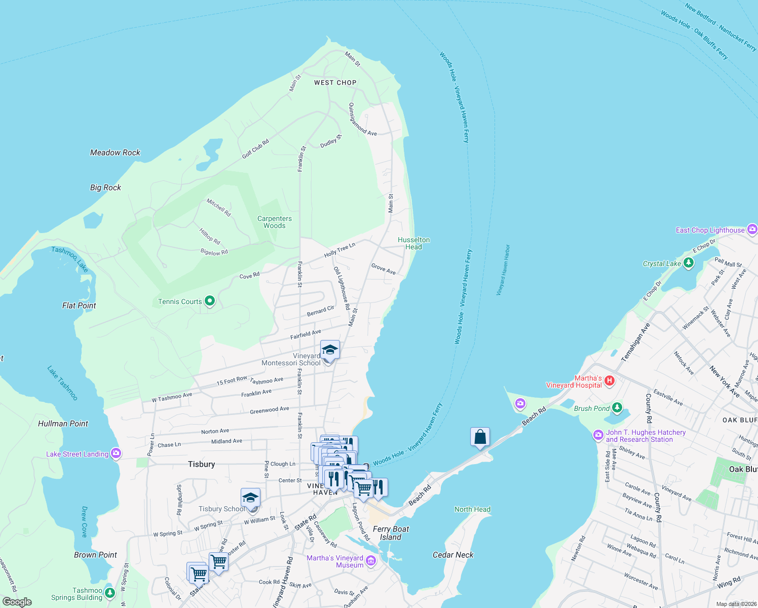 map of restaurants, bars, coffee shops, grocery stores, and more near 47 Goethals Way in Tisbury