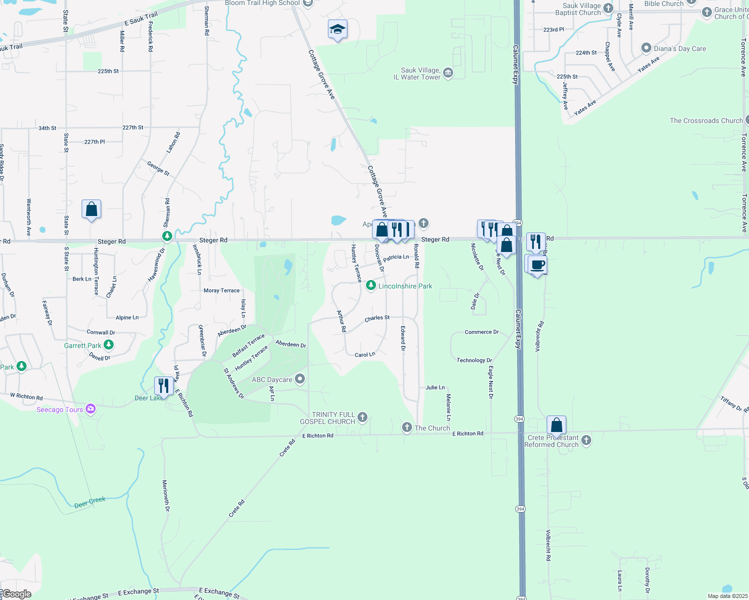 map of restaurants, bars, coffee shops, grocery stores, and more near 25 Charles Court in Crete
