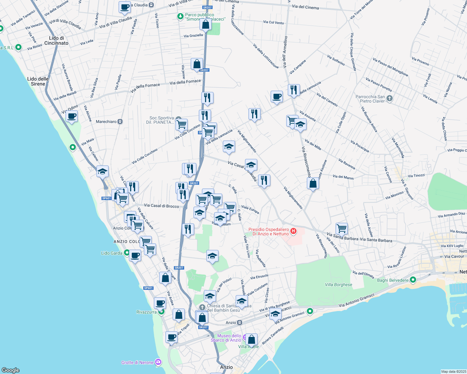 map of restaurants, bars, coffee shops, grocery stores, and more near 145B Corso Italia in Anzio