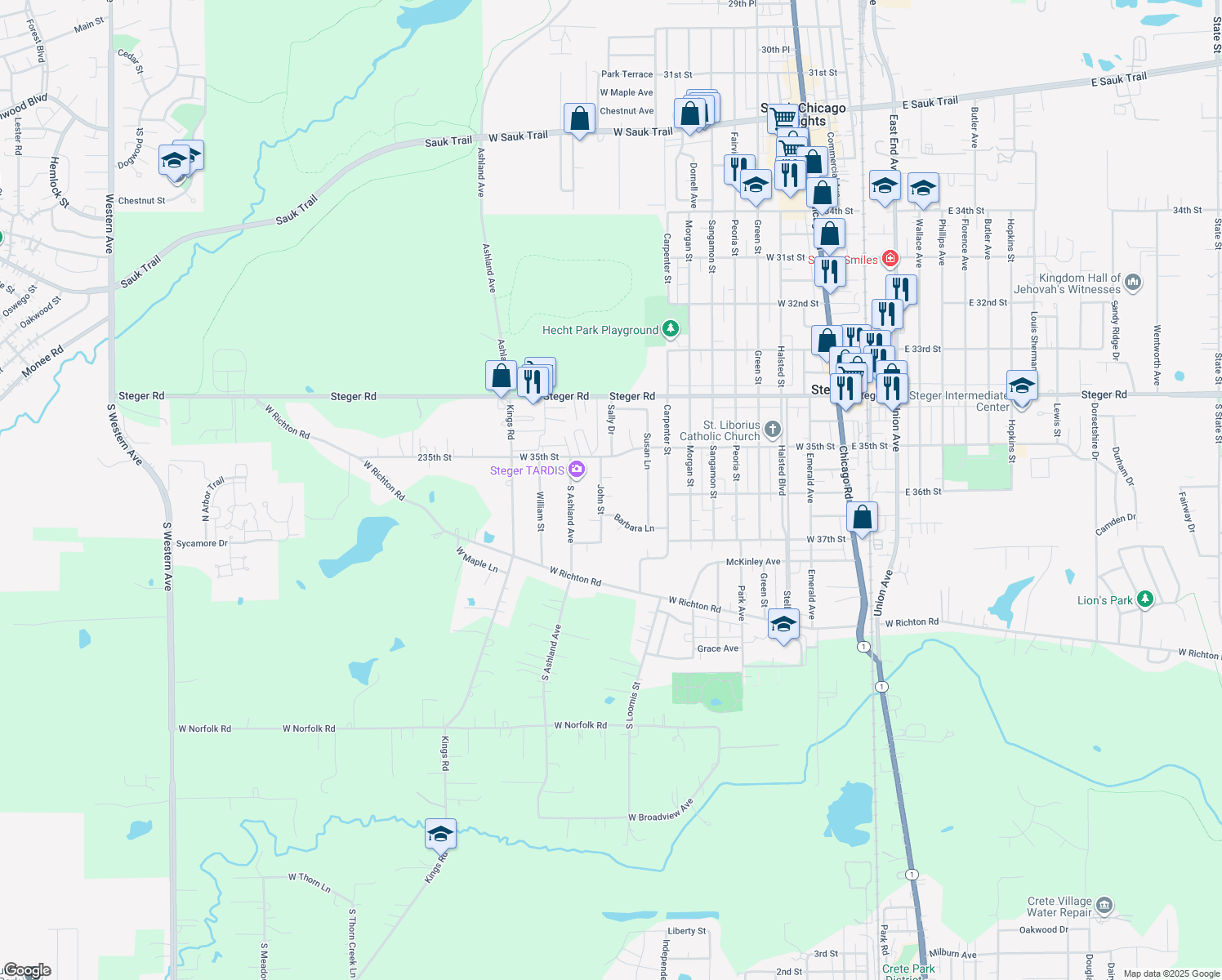 map of restaurants, bars, coffee shops, grocery stores, and more near 223 Christine Ct in Steger