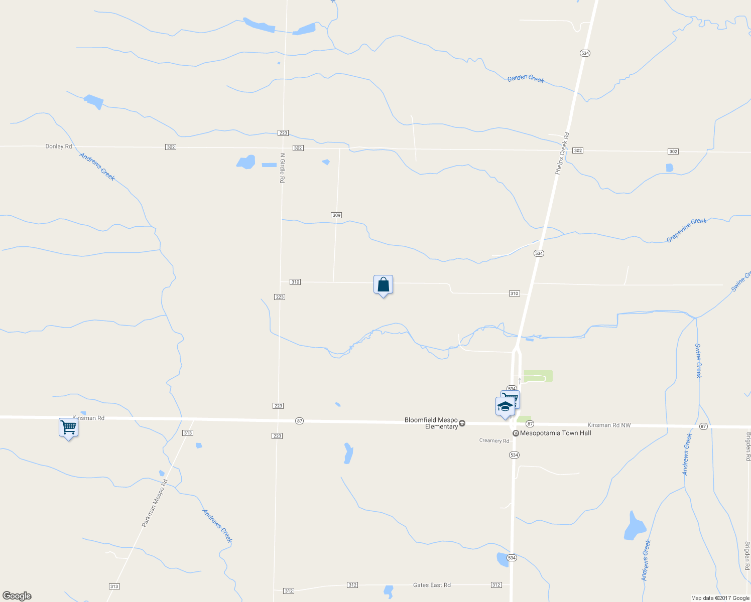 map of restaurants, bars, coffee shops, grocery stores, and more near 4685 Wilcox Road in Middlefield