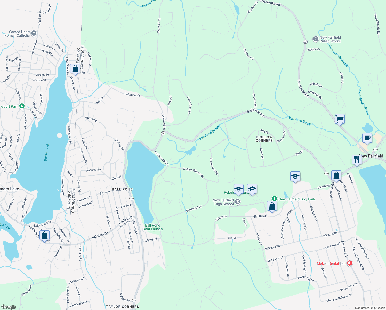 map of restaurants, bars, coffee shops, grocery stores, and more near 25 Meadowbrook Road in New Fairfield