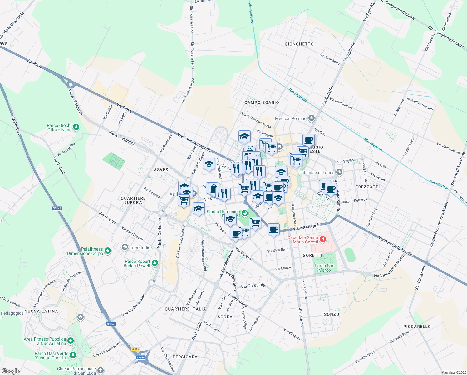 map of restaurants, bars, coffee shops, grocery stores, and more near 25 Via Montebello in Latina
