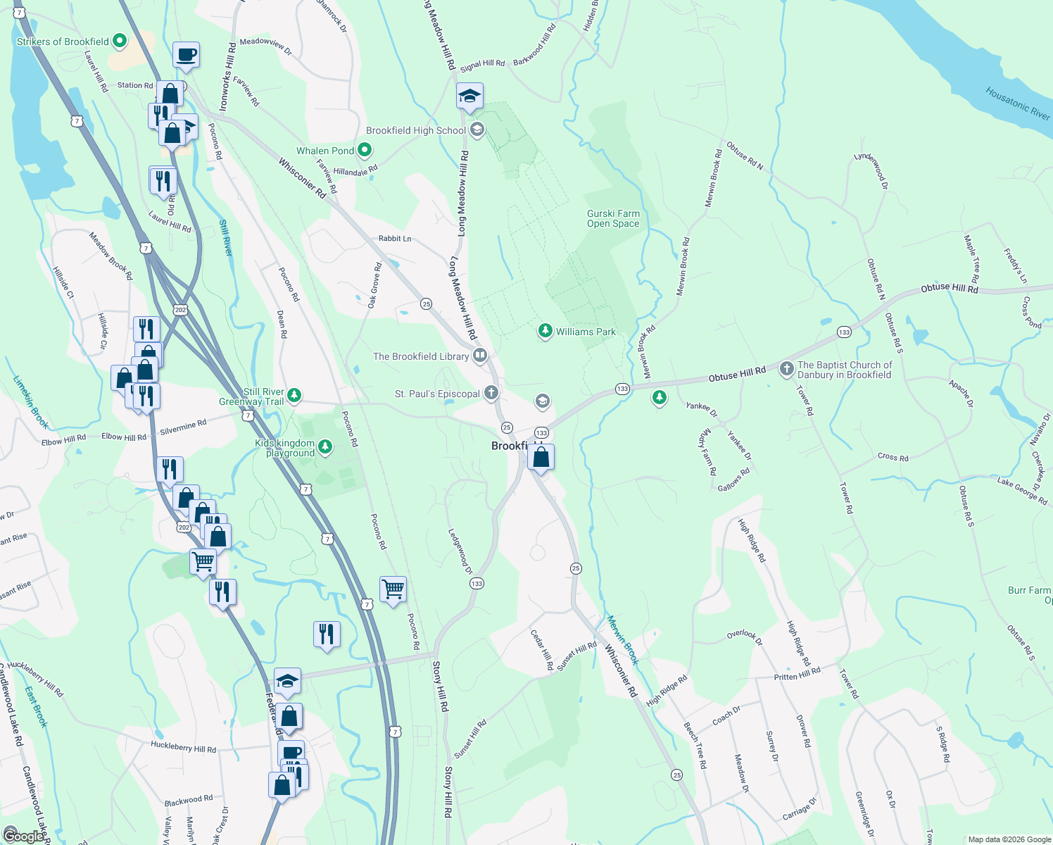 map of restaurants, bars, coffee shops, grocery stores, and more near 4 School St in Brookfield