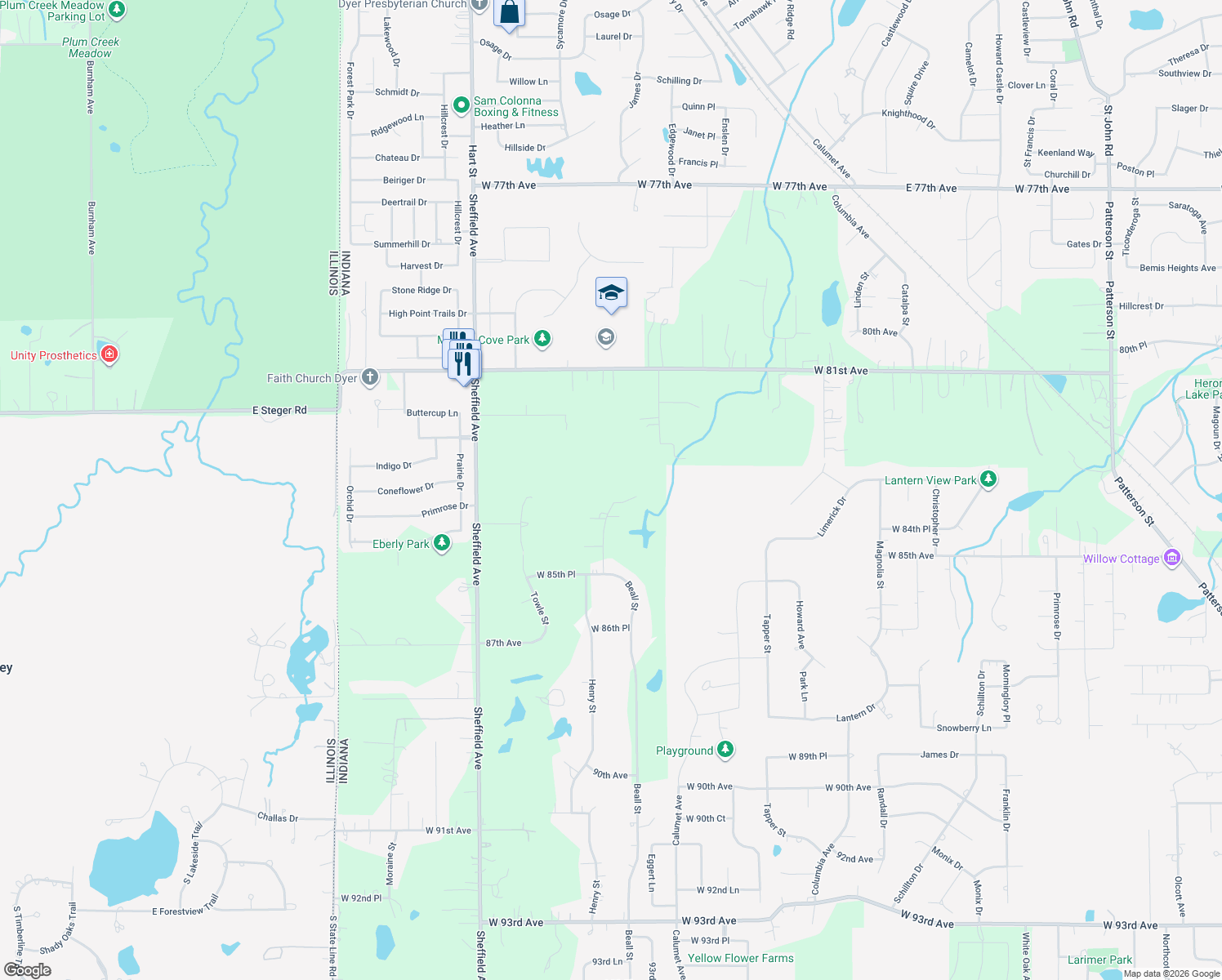map of restaurants, bars, coffee shops, grocery stores, and more near 8402 Torrence St in Dyer