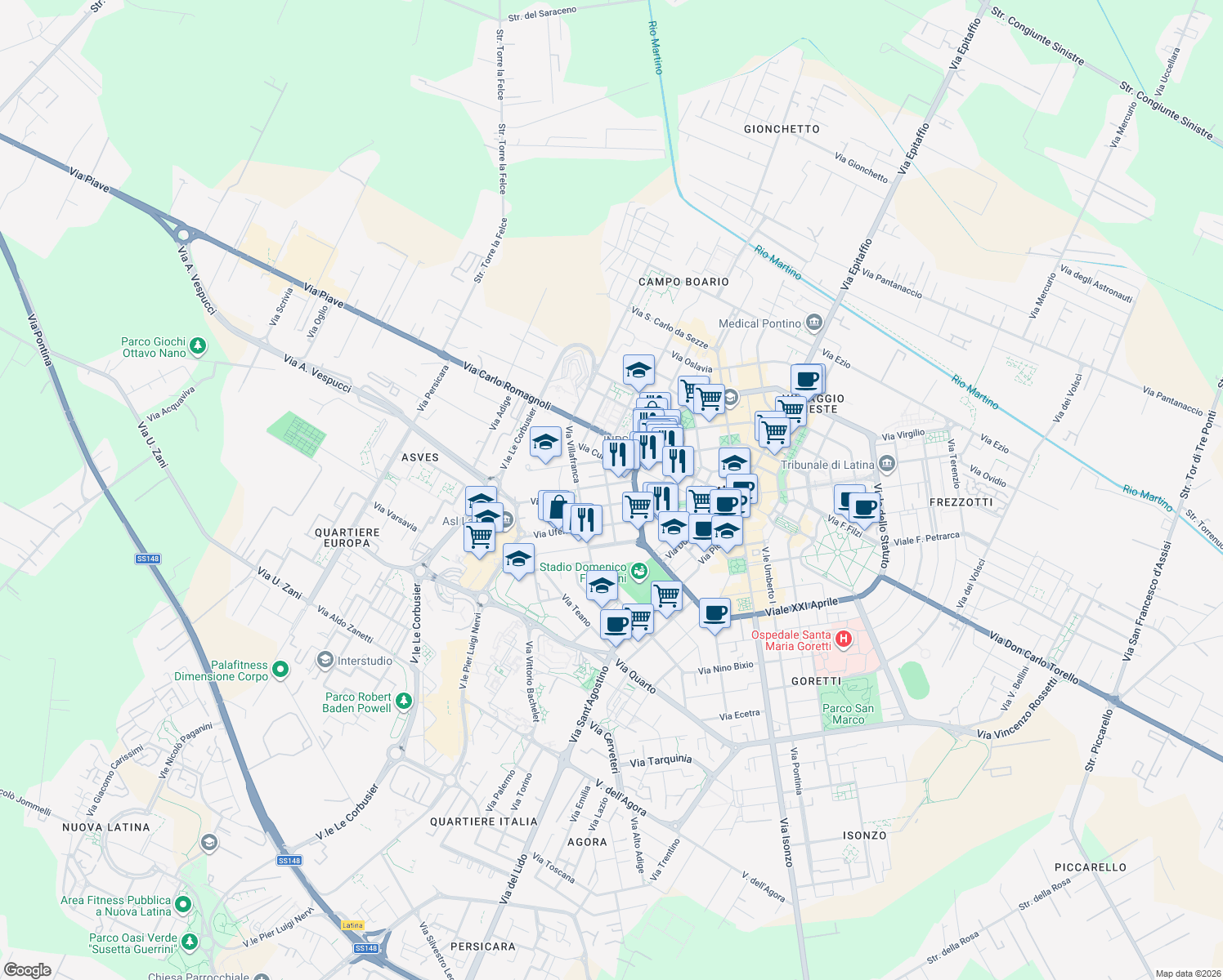 map of restaurants, bars, coffee shops, grocery stores, and more near 25 Via Montebello in Latina