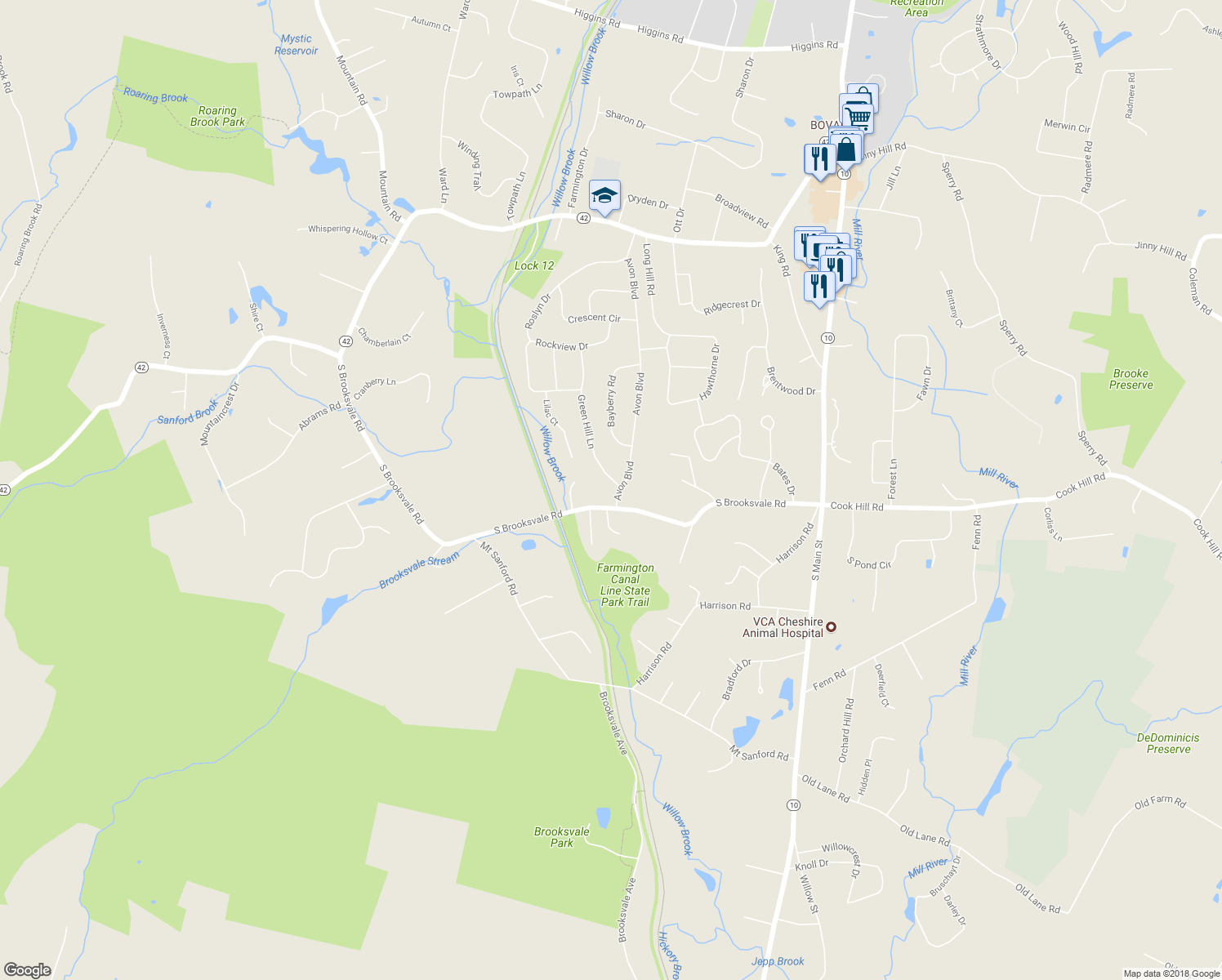 map of restaurants, bars, coffee shops, grocery stores, and more near 1375 Avon Boulevard in Cheshire