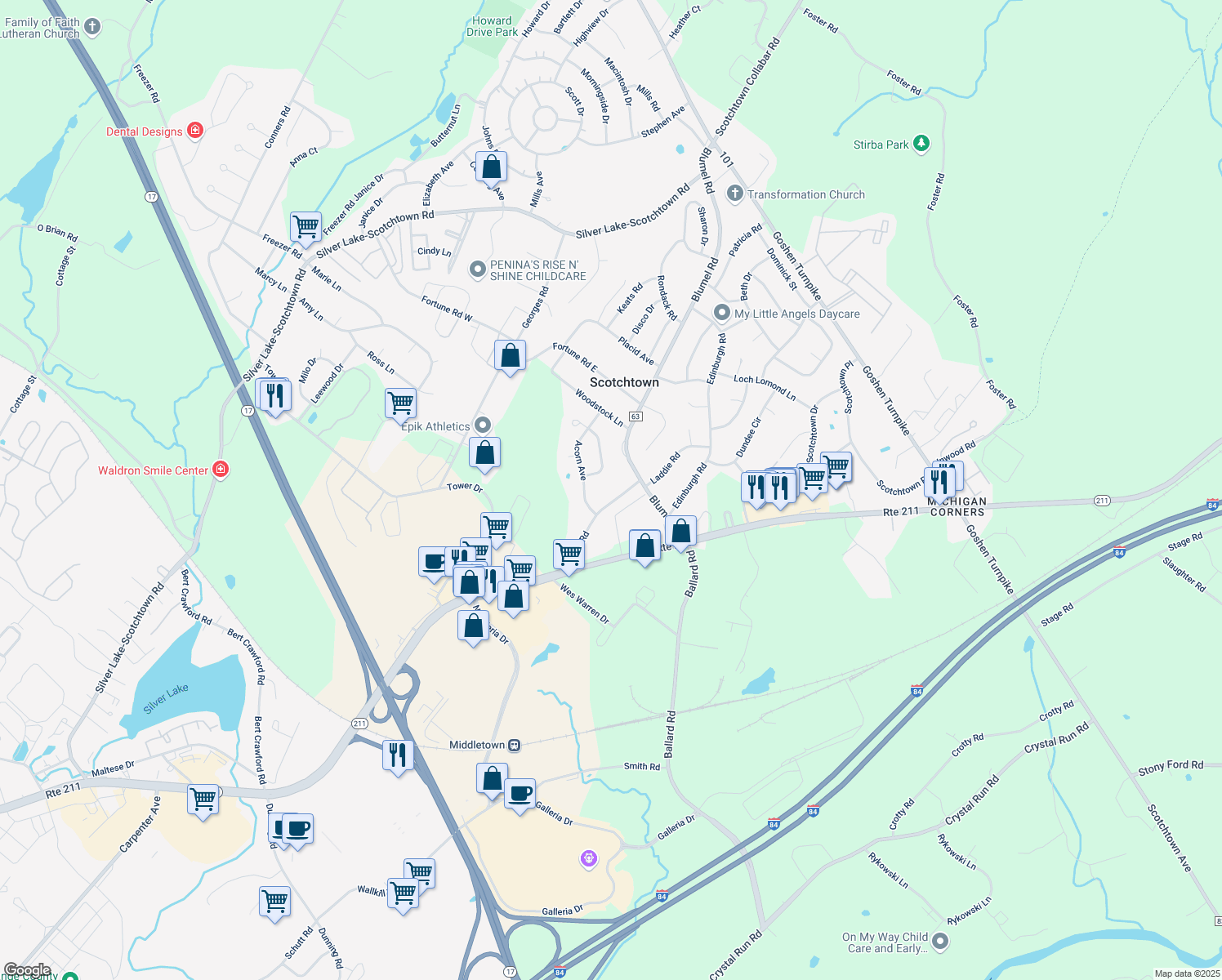 map of restaurants, bars, coffee shops, grocery stores, and more near 51 Ebert Rd in Middletown