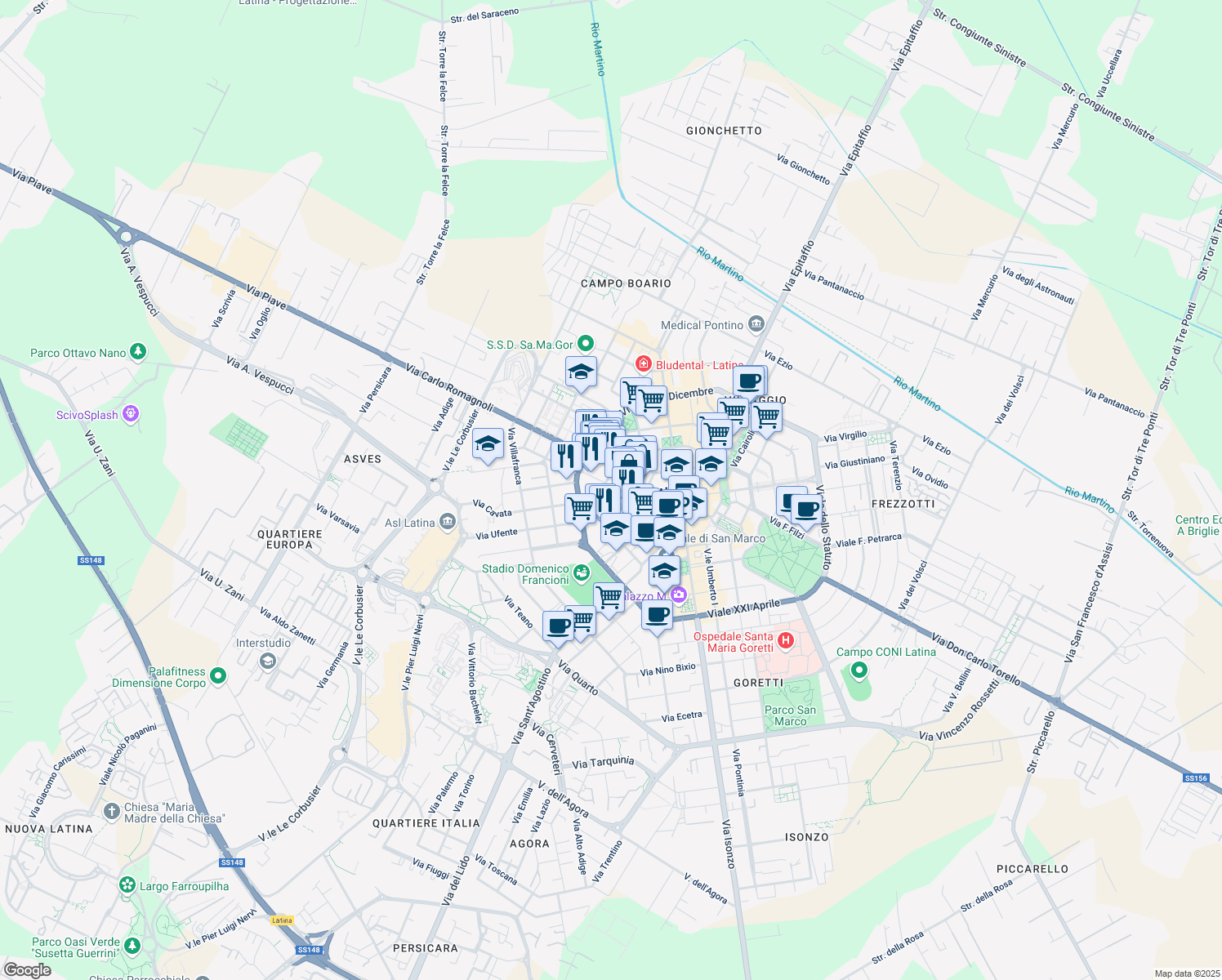 map of restaurants, bars, coffee shops, grocery stores, and more near in Latina