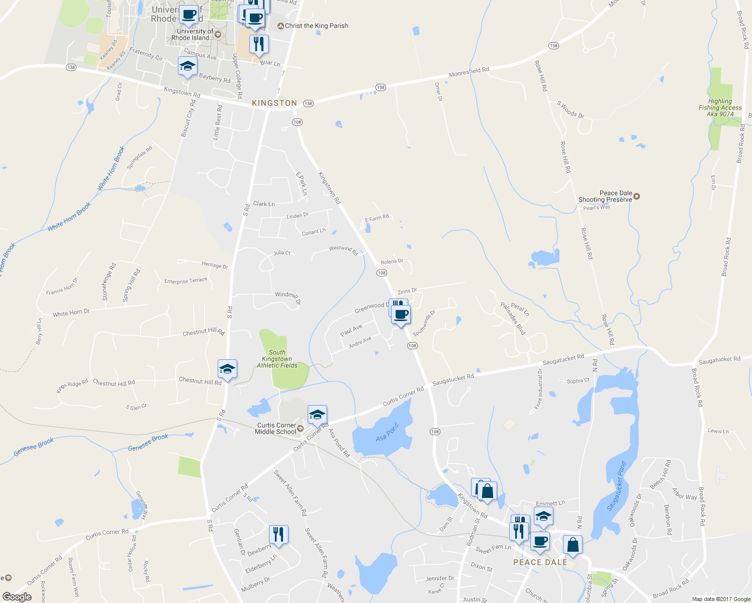 map of restaurants, bars, coffee shops, grocery stores, and more near 43 Greenwood Drive in South Kingstown
