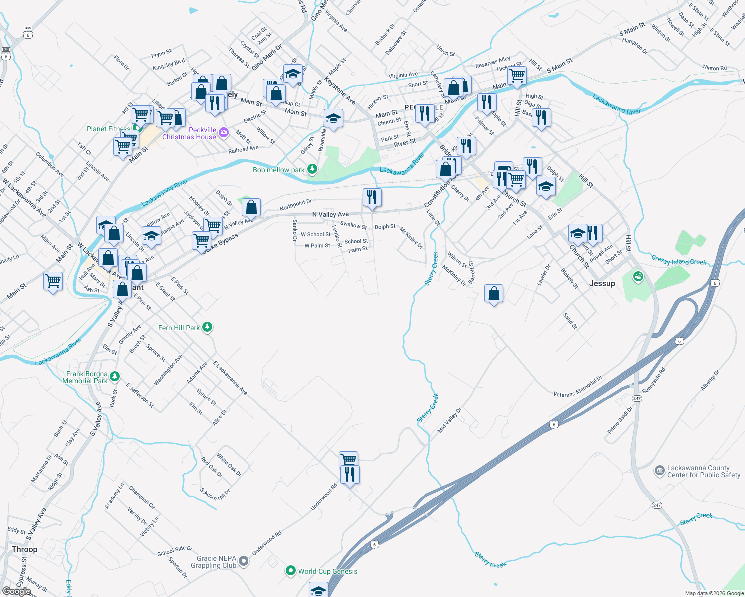 map of restaurants, bars, coffee shops, grocery stores, and more near 102 Tudy Ln in Olyphant