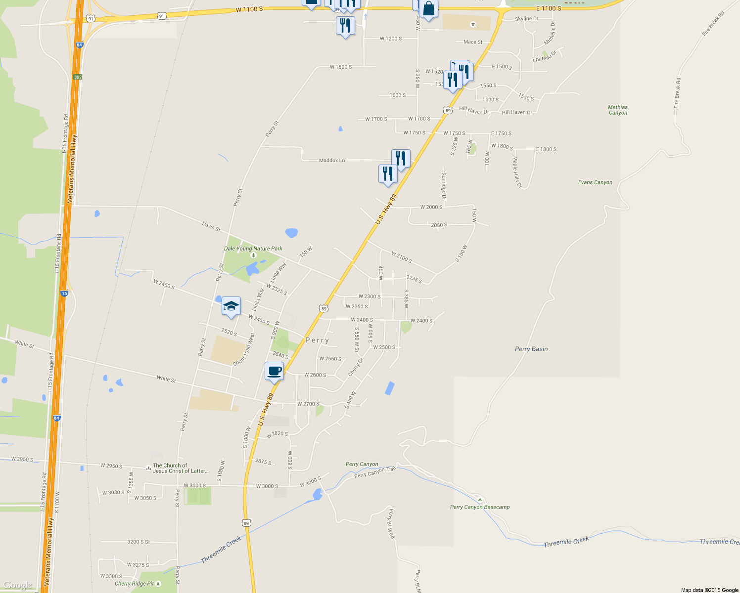 map of restaurants, bars, coffee shops, grocery stores, and more near 2277 S 525 W in Perry