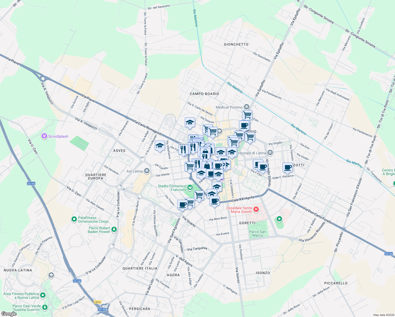 map of restaurants, bars, coffee shops, grocery stores, and more near in Latina