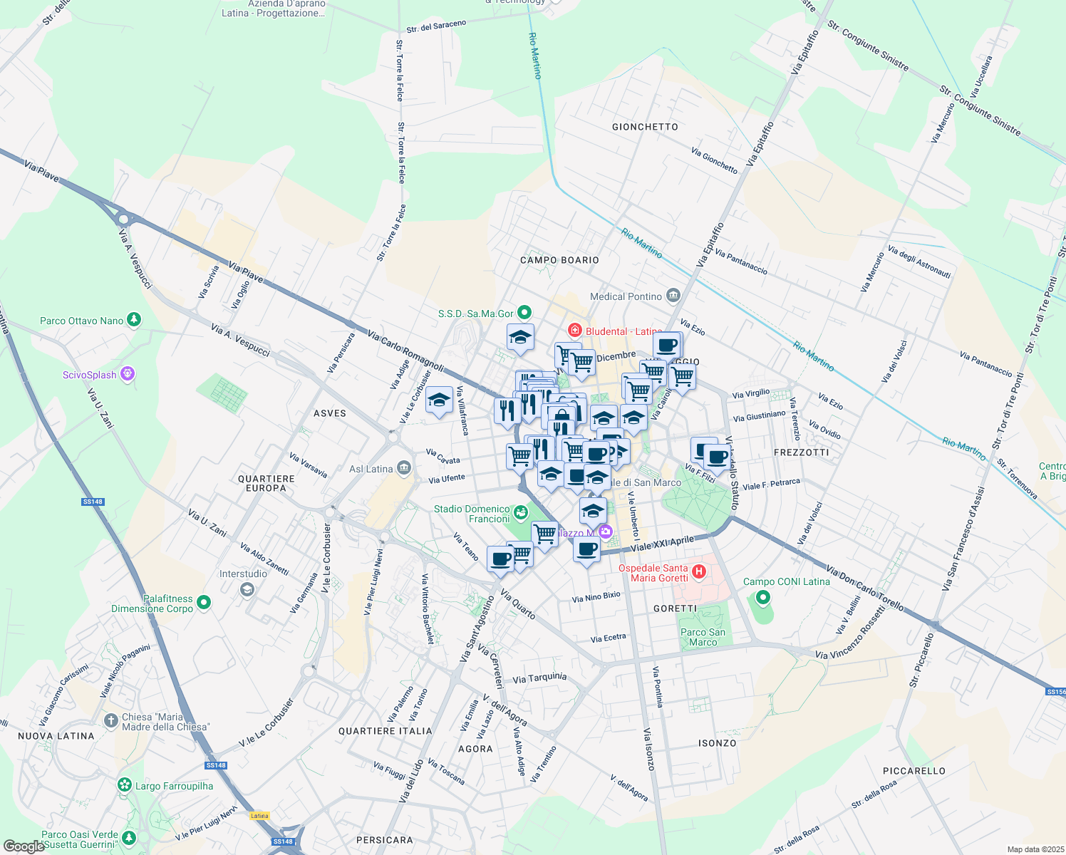map of restaurants, bars, coffee shops, grocery stores, and more near Piazzale G. Nicolosi in Latina