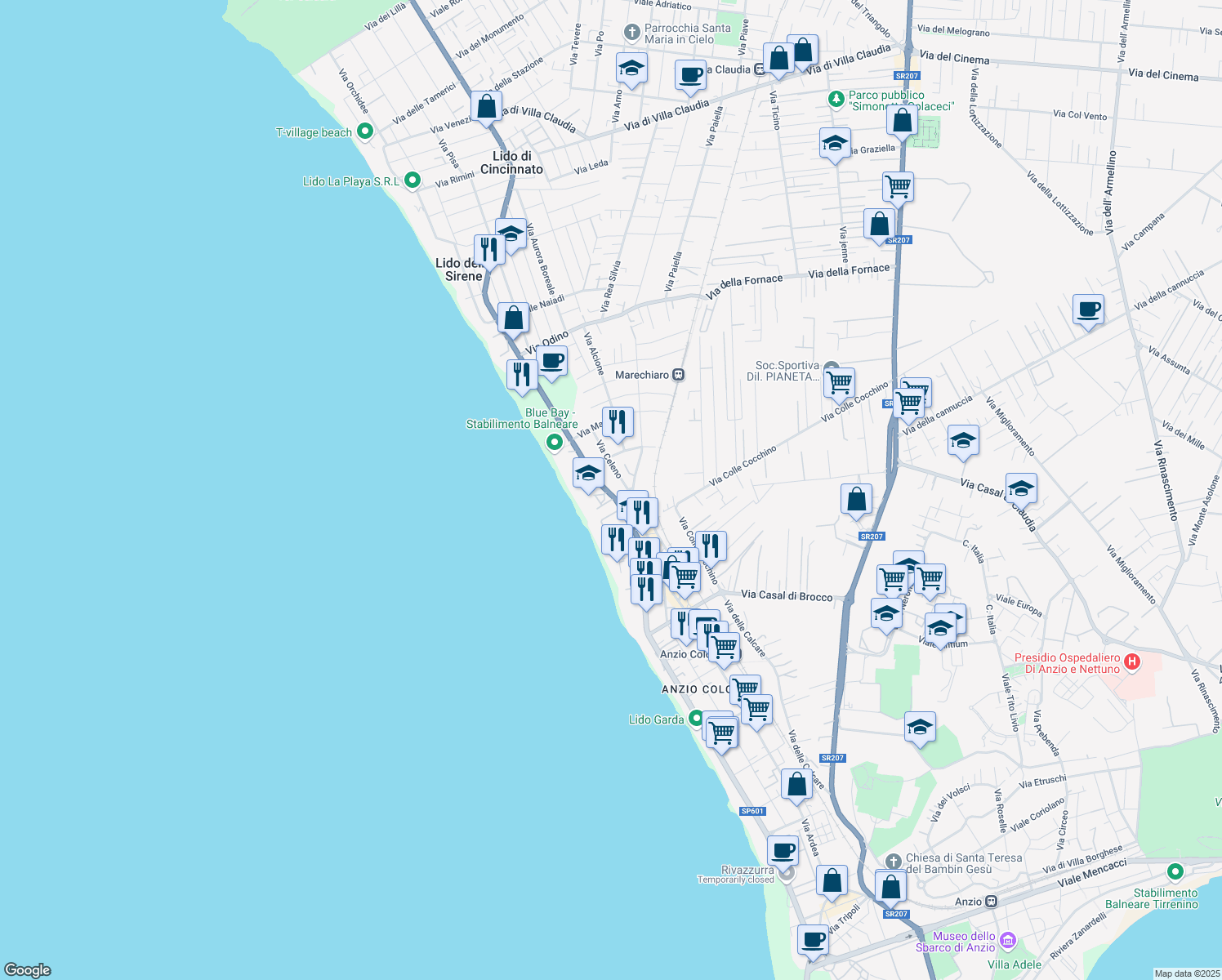 map of restaurants, bars, coffee shops, grocery stores, and more near 56 Via Caligola in Anzio