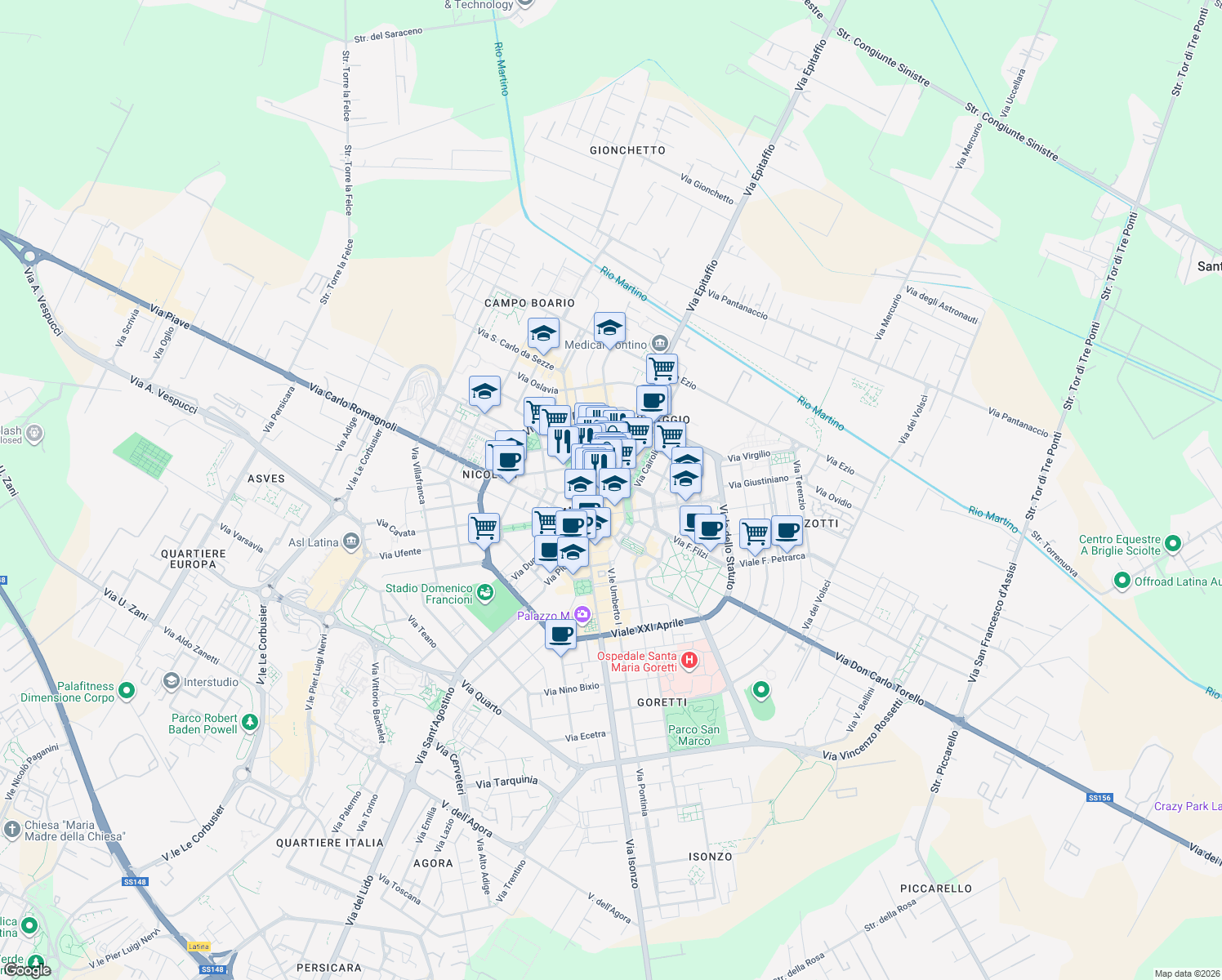 map of restaurants, bars, coffee shops, grocery stores, and more near 13 Via Cesare Battisti in Latina