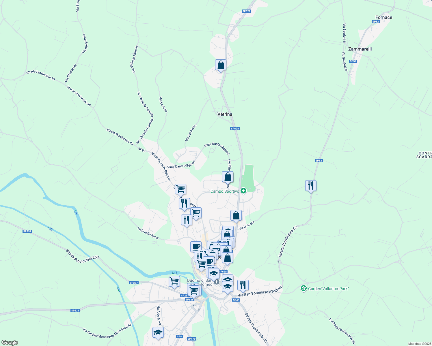 map of restaurants, bars, coffee shops, grocery stores, and more near Viale Dante Alighieri in Pontecorvo