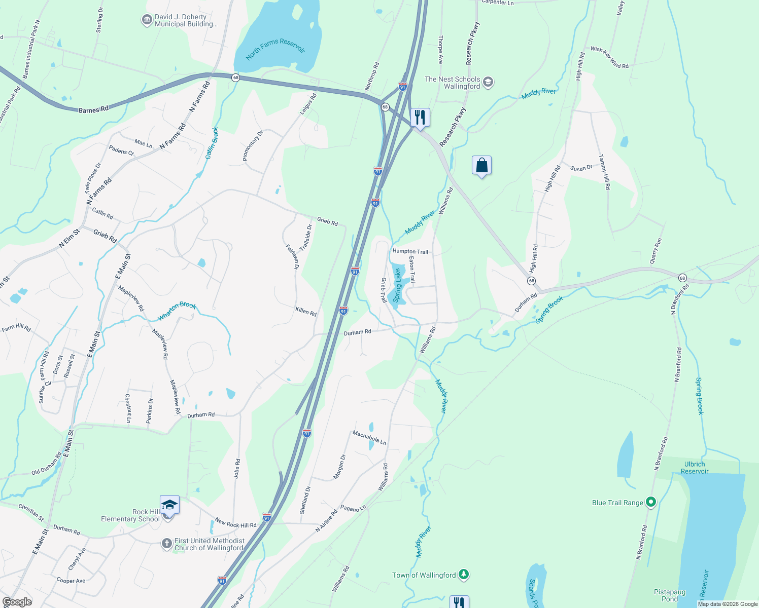 map of restaurants, bars, coffee shops, grocery stores, and more near 15 Grieb Court in Wallingford