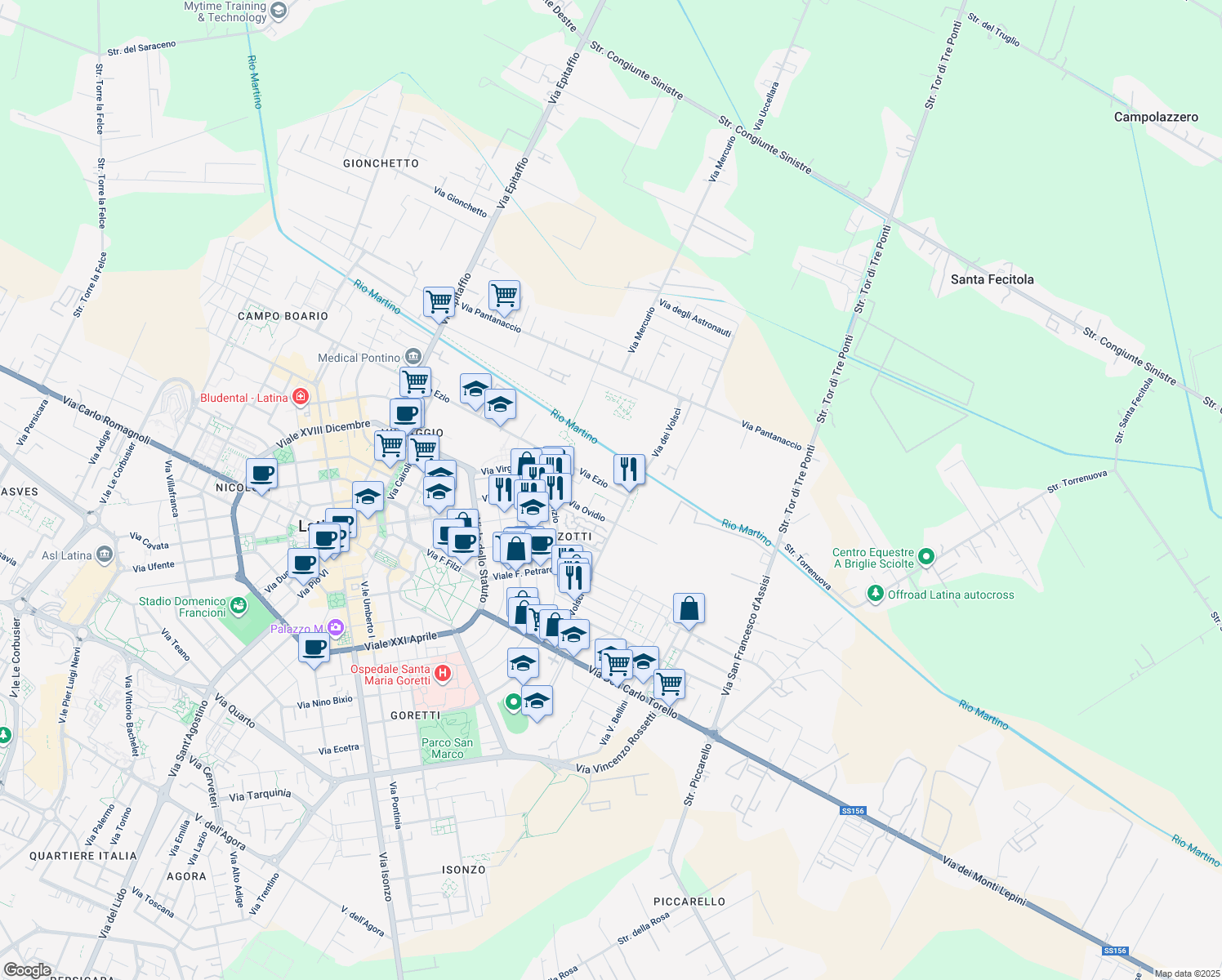 map of restaurants, bars, coffee shops, grocery stores, and more near 5-19 Via Ezio in Latina