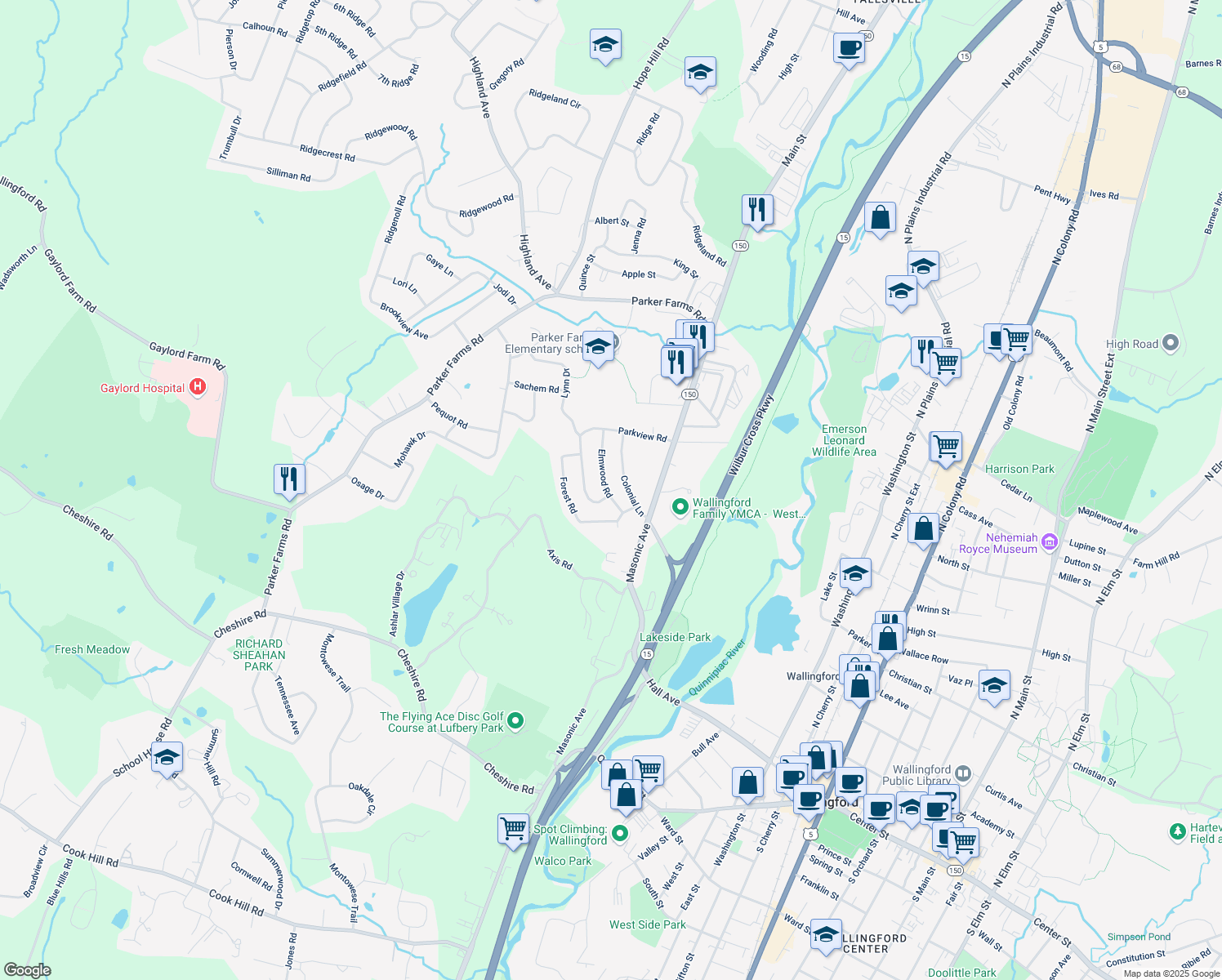 map of restaurants, bars, coffee shops, grocery stores, and more near 9 Elmwood Road in Wallingford
