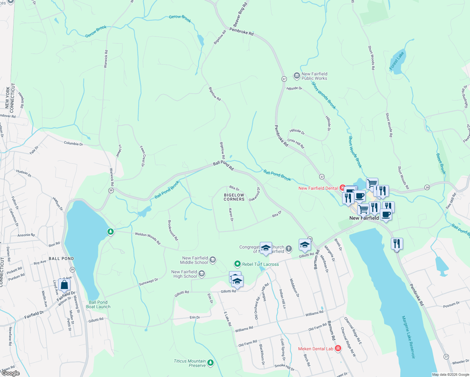 map of restaurants, bars, coffee shops, grocery stores, and more near 52 Rita Drive in New Fairfield